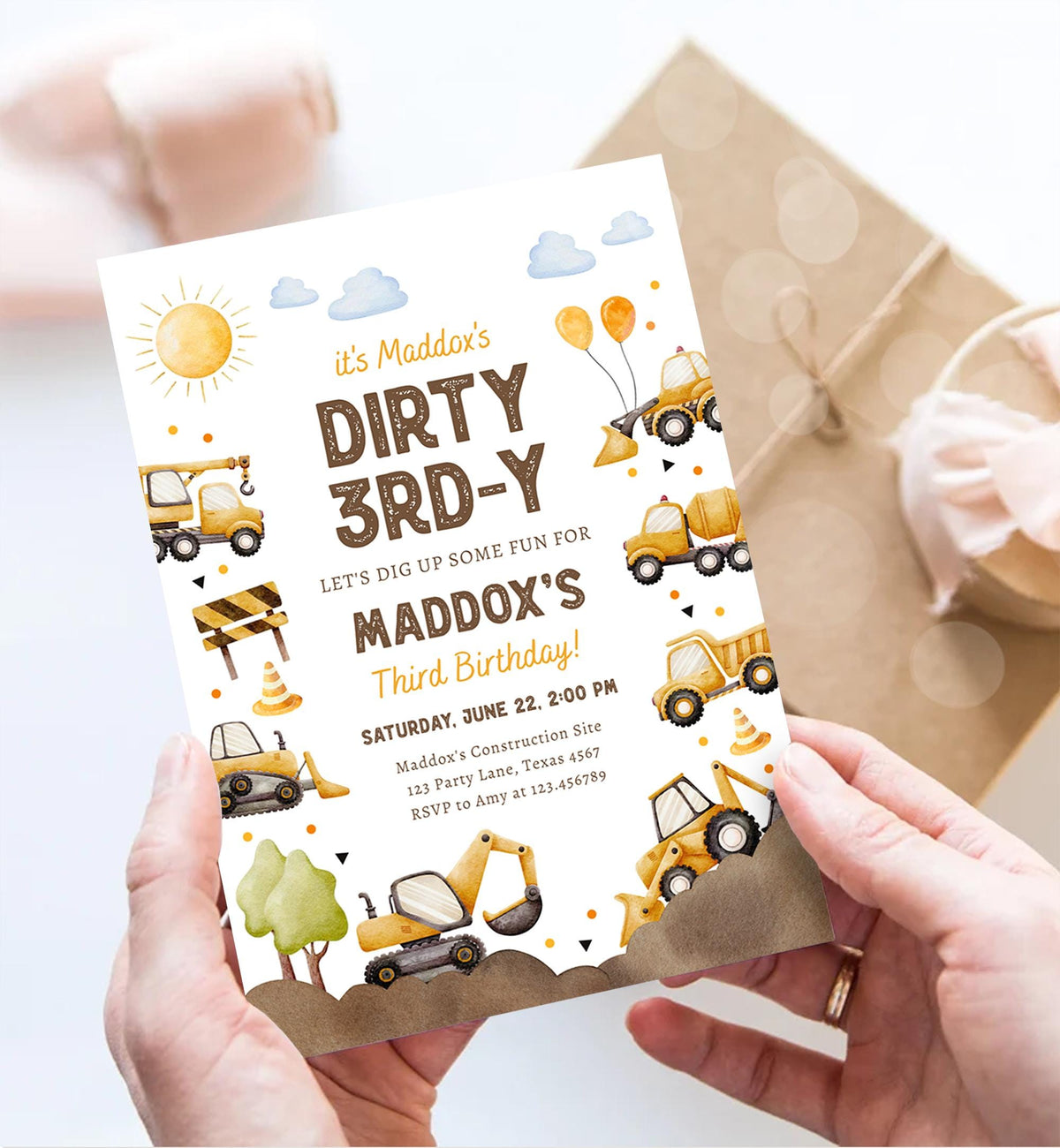 Editable Dirty 3rd-Y Construction Birthday Invitation Yellow Dump Truck Excavator Party Boy Third 3rd Digital Evite Template Printable 0563