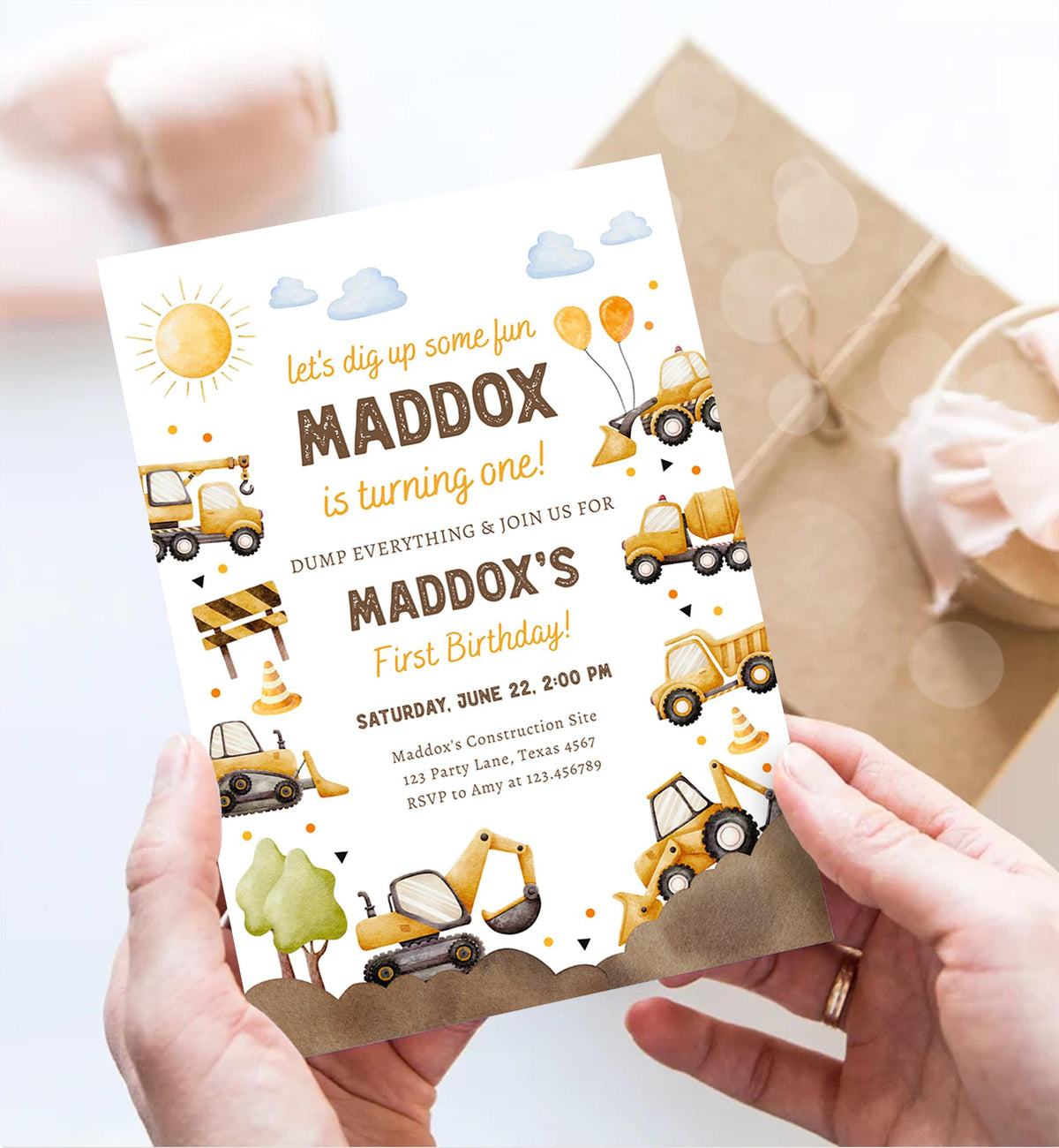Editable Construction Birthday Invitation Yellow Dump Truck Excavator Caution Party Boy First 1st Digital Evite Template Printable 0563