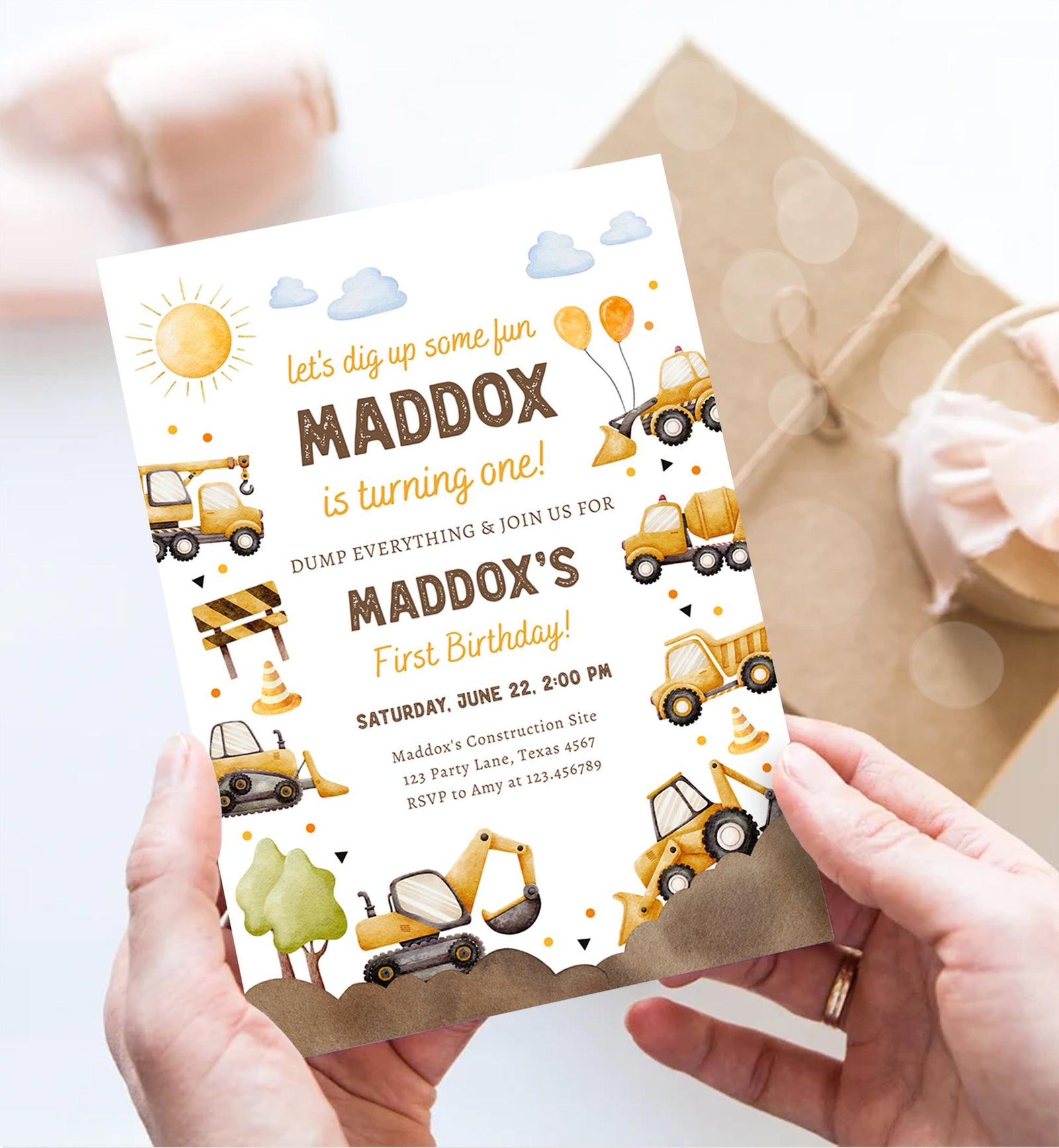 Editable Construction Birthday Invitation Yellow Dump Truck Excavator Caution Party Boy First 1st Digital Evite Template Printable 0563