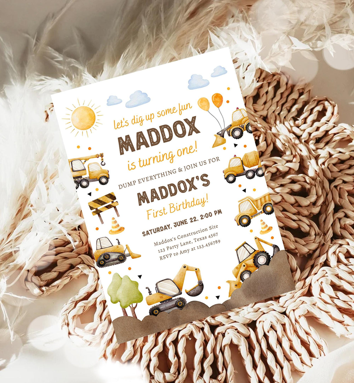 Editable Construction Birthday Invitation Yellow Dump Truck Excavator Caution Party Boy First 1st Digital Evite Template Printable 0563
