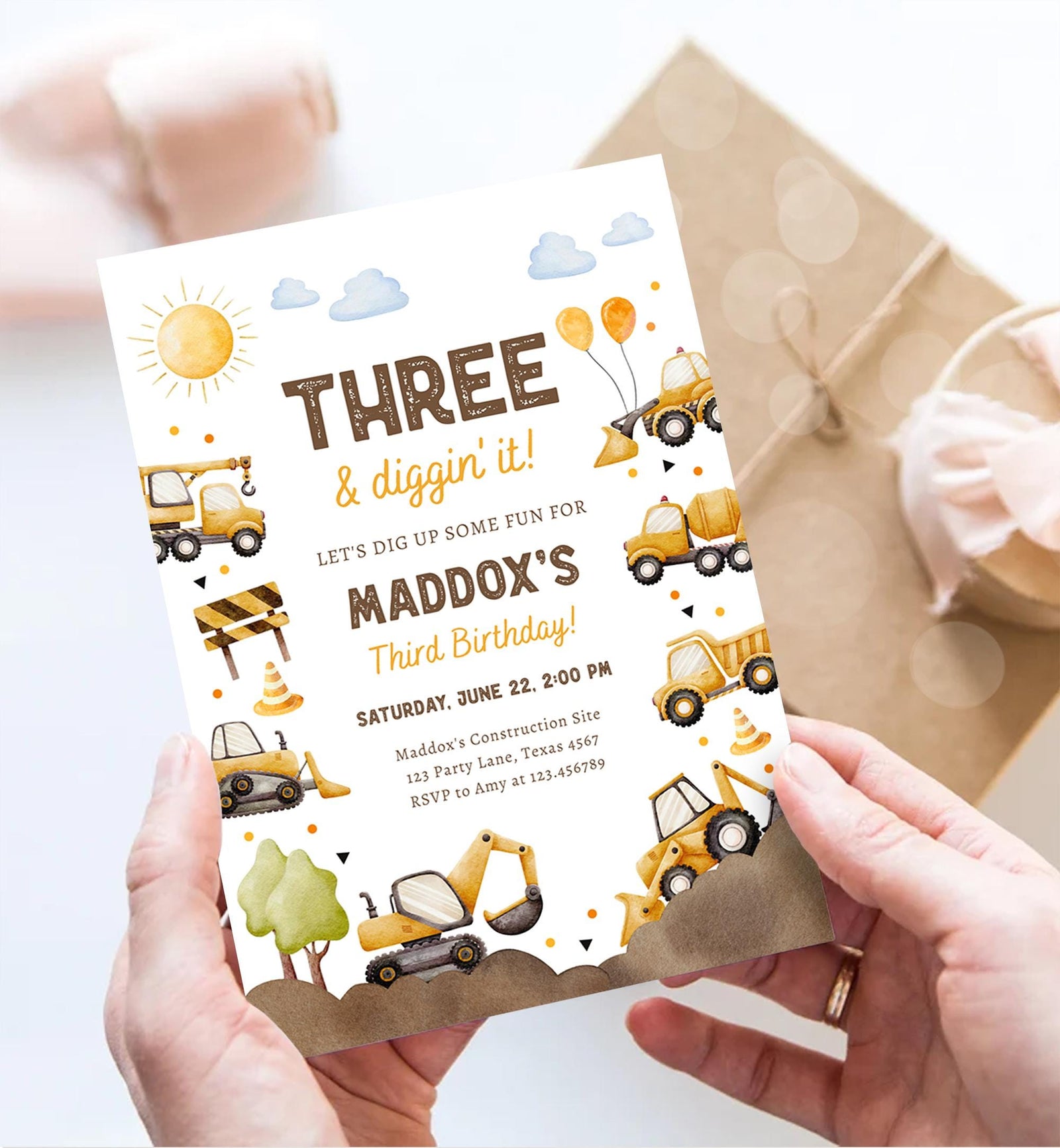 Editable Three & Diggin' It Construction Birthday Invitation Yellow Dump Truck Excavator Party Boy Third 3rd Digital Template Printable 0563