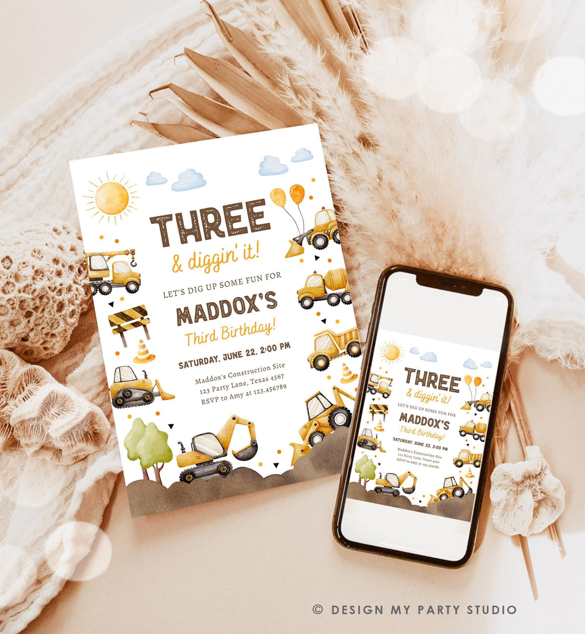 Editable Three & Diggin' It Construction Birthday Invitation Yellow Dump Truck Excavator Party Boy Third 3rd Digital Template Printable 0563