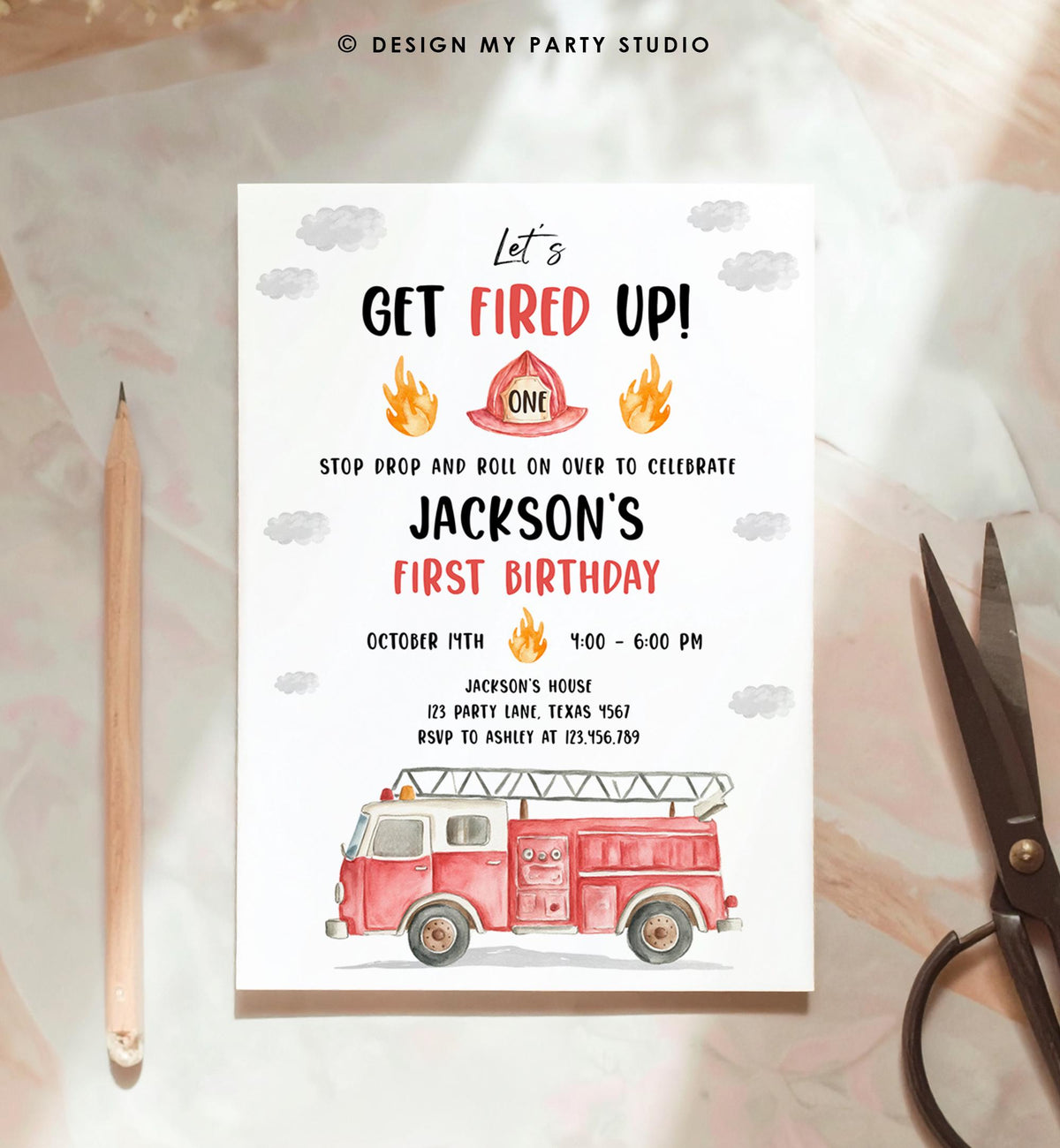 Editable Get Fired Up Birthday Invitation Firefighters Firetruck Fire Truck Boy Birthday Party Digital Evite Template Printable 0564
