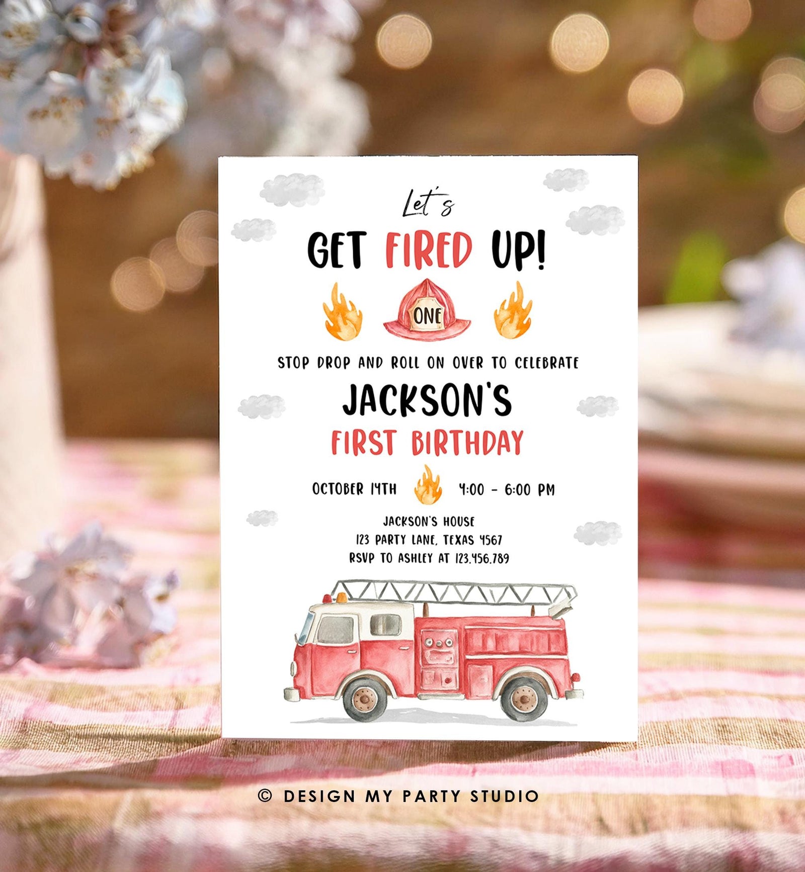 Editable Get Fired Up Birthday Invitation Firefighters Firetruck Fire Truck Boy Birthday Party Digital Evite Template Printable 0564