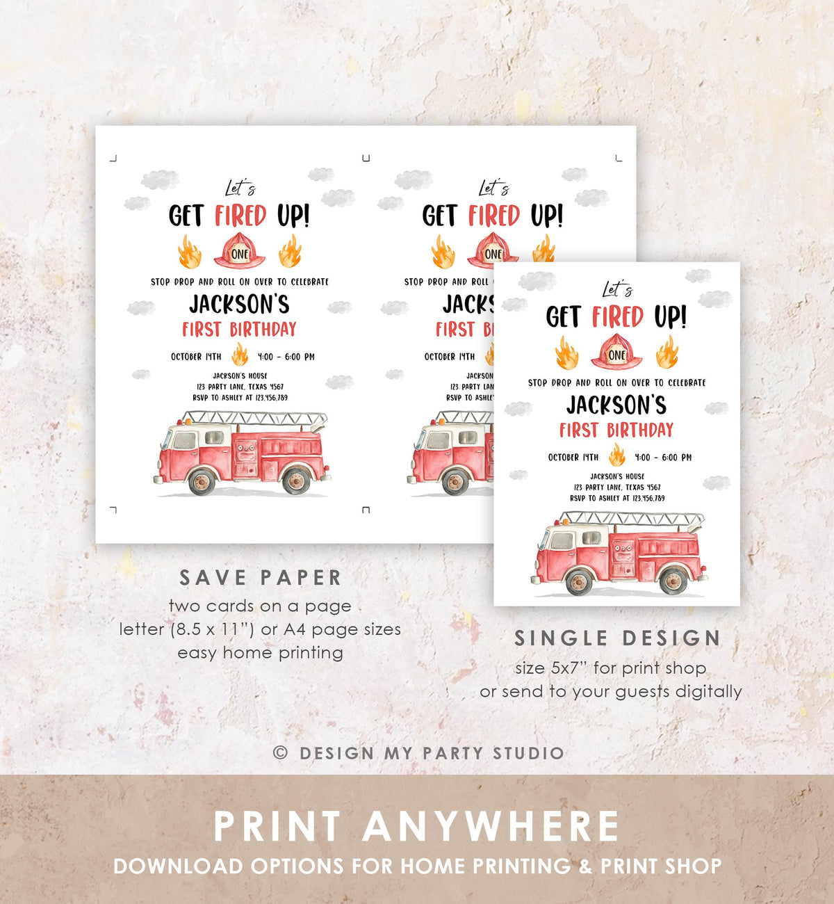 Editable Get Fired Up Birthday Invitation Firefighters Firetruck Fire Truck Boy Birthday Party Digital Evite Template Printable 0564
