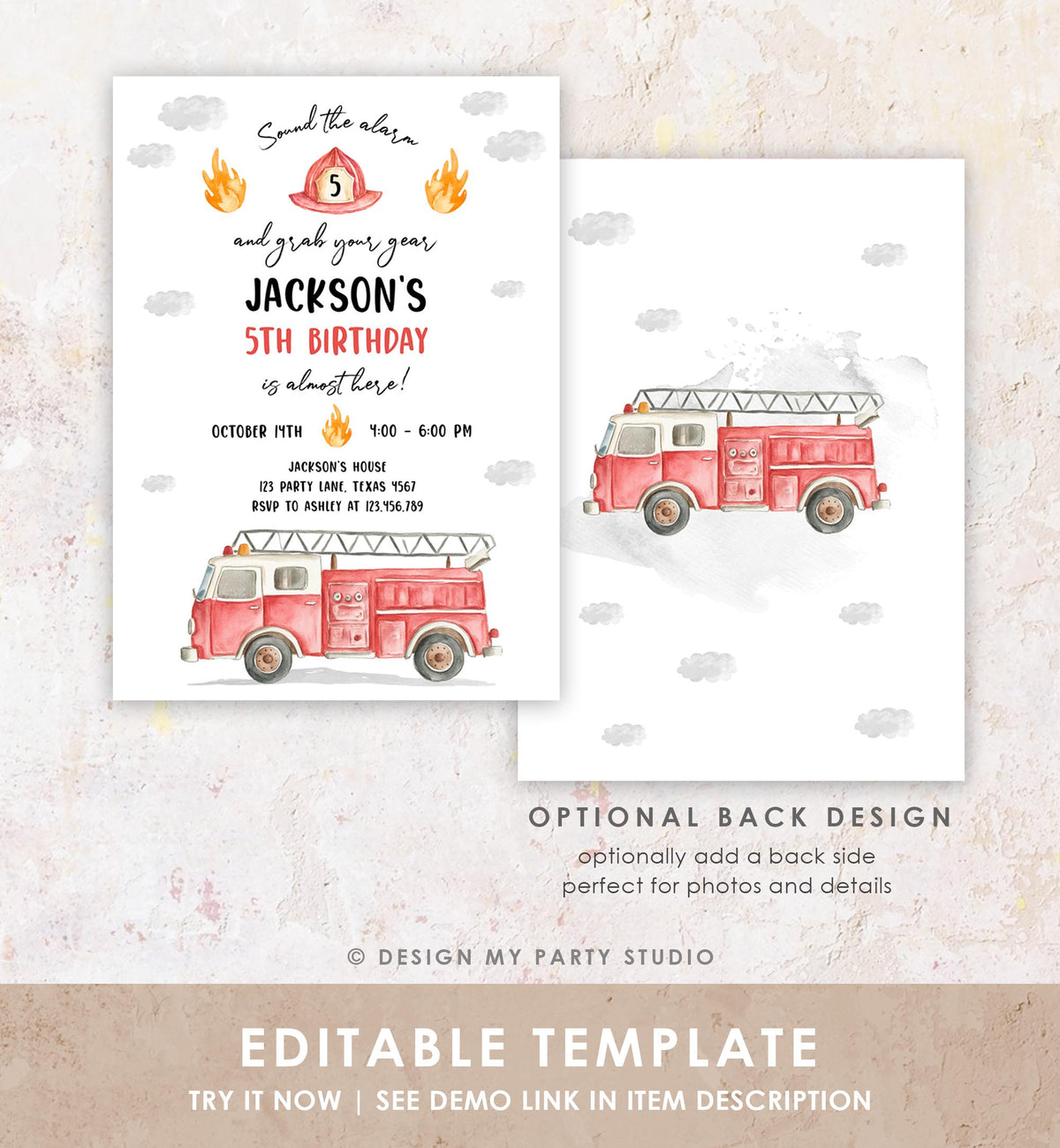 Editable Fire Truck Birthday Invitation Boy Firetruck Firefighter Fire Engine Sound the Alarm Digital Download Evite Template Printable 0564