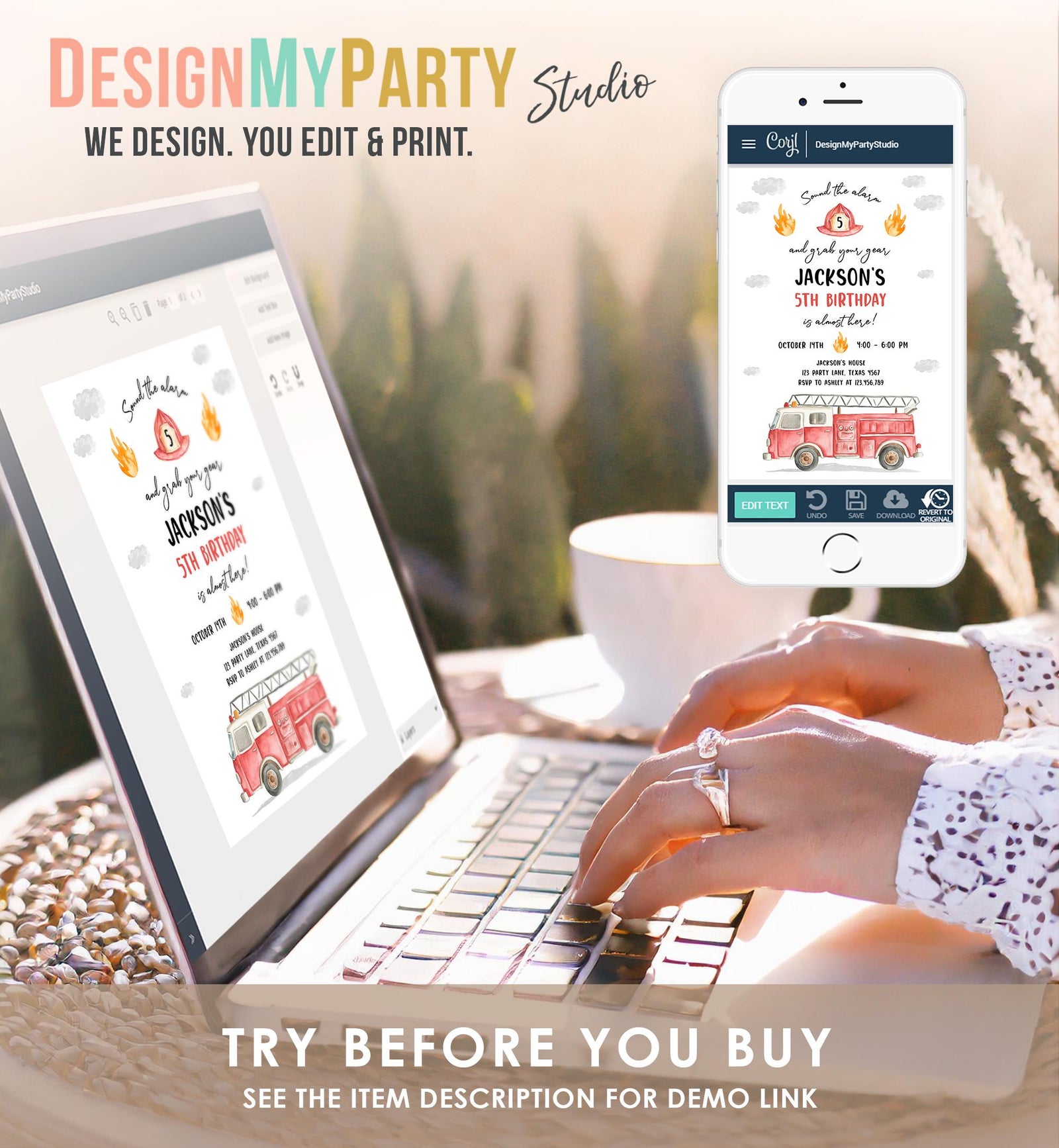 Editable Fire Truck Birthday Invitation Boy Firetruck Firefighter Fire Engine Sound the Alarm Digital Download Evite Template Printable 0564