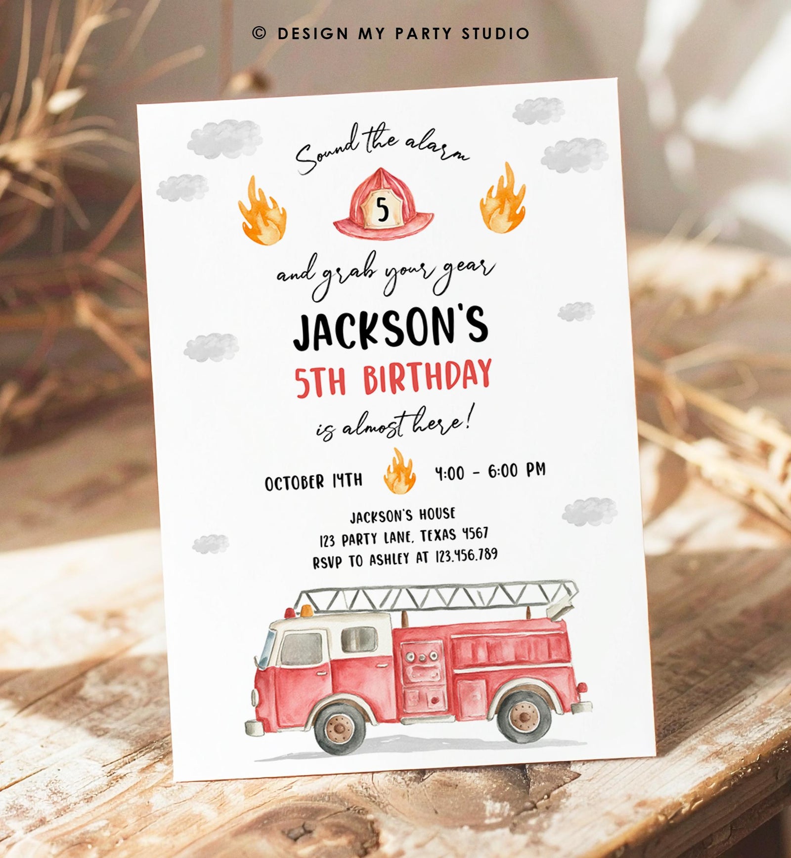 Editable Fire Truck Birthday Invitation Boy Firetruck Firefighter Fire Engine Sound the Alarm Digital Download Evite Template Printable 0564