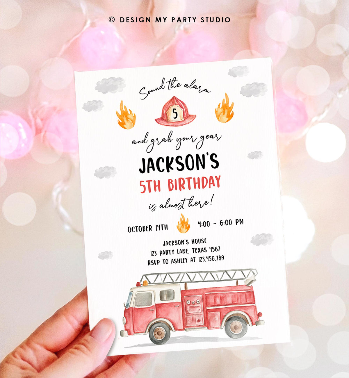 Editable Fire Truck Birthday Invitation Boy Firetruck Firefighter Fire Engine Sound the Alarm Digital Download Evite Template Printable 0564