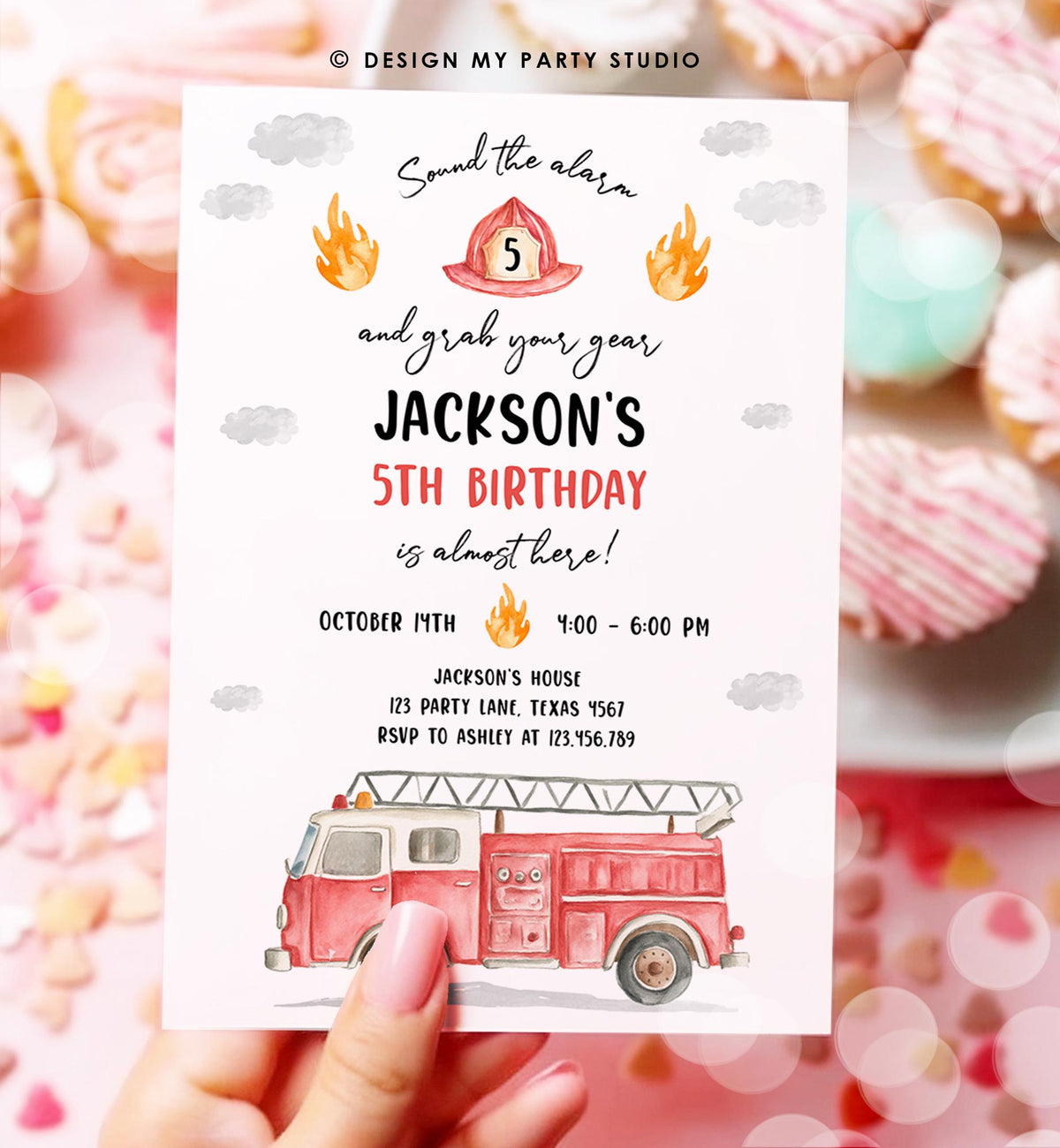 Editable Fire Truck Birthday Invitation Boy Firetruck Firefighter Fire Engine Sound the Alarm Digital Download Evite Template Printable 0564
