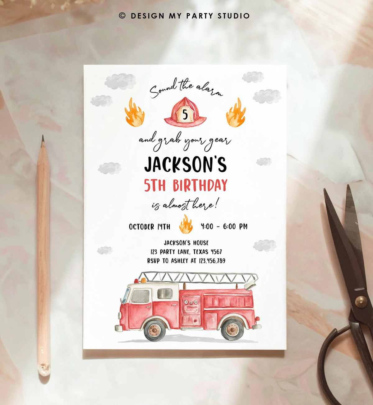 Editable Fire Truck Birthday Invitation Boy Firetruck Firefighter Fire Engine Sound the Alarm Digital Download Evite Template Printable 0564