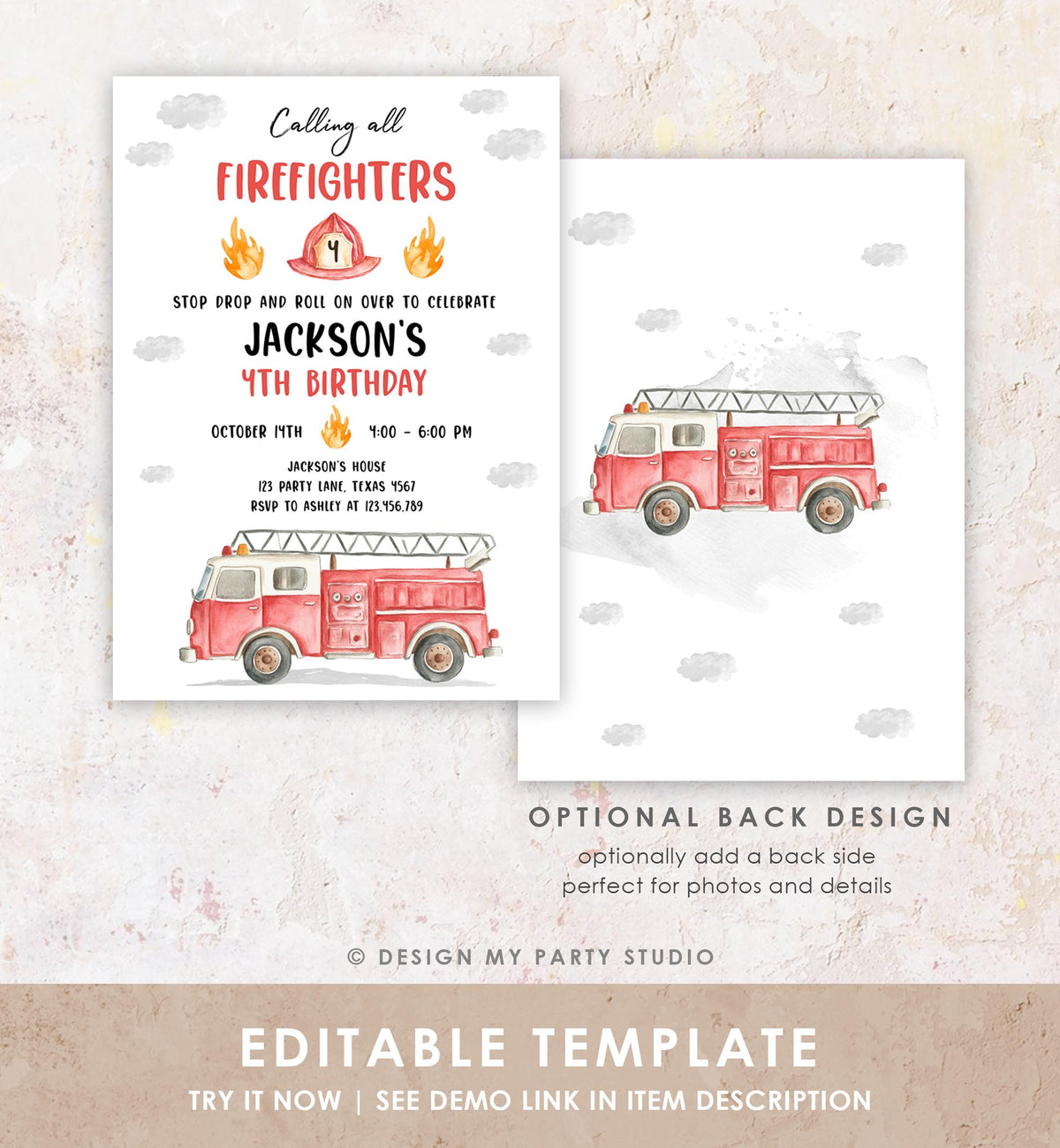 Editable Calling All Firefighters Birthday Invitation Firetruck Fire Truck Boy Birthday Party Digital Download Evite Template Printable 0564