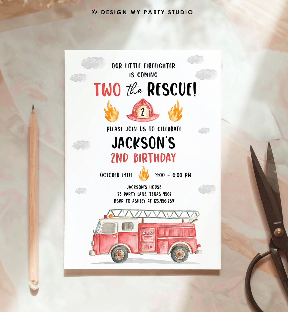 Editable Two the Rescue Birthday Invitation Firetruck Firefighter Boy 2nd Second Birthday Digital Download Evite Template Printable 0564