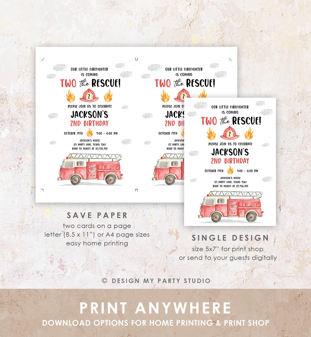 Editable Two the Rescue Birthday Invitation Firetruck Firefighter Boy 2nd Second Birthday Digital Download Evite Template Printable 0564