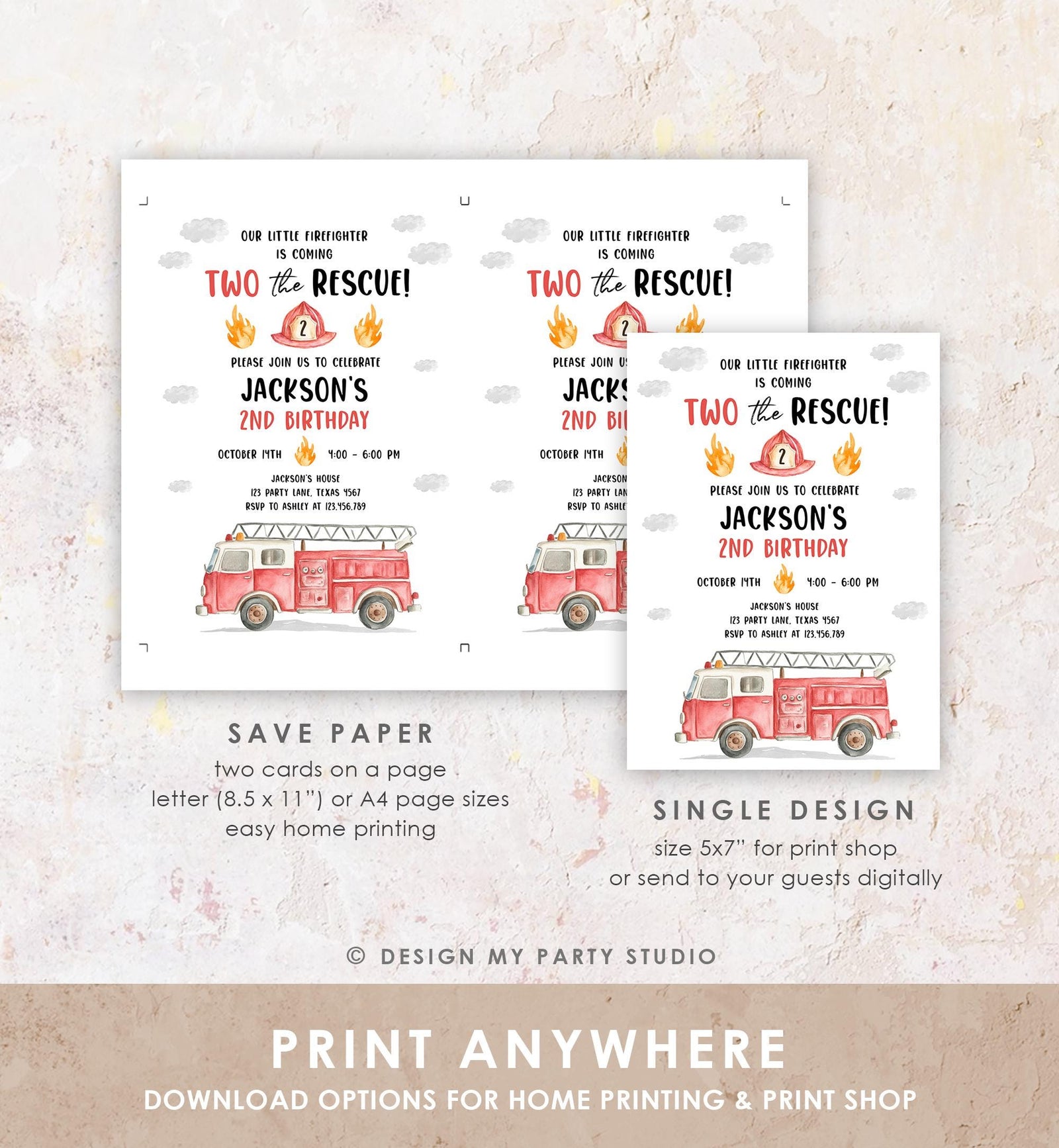 Editable Two the Rescue Birthday Invitation Firetruck Firefighter Boy 2nd Second Birthday Digital Download Evite Template Printable 0564