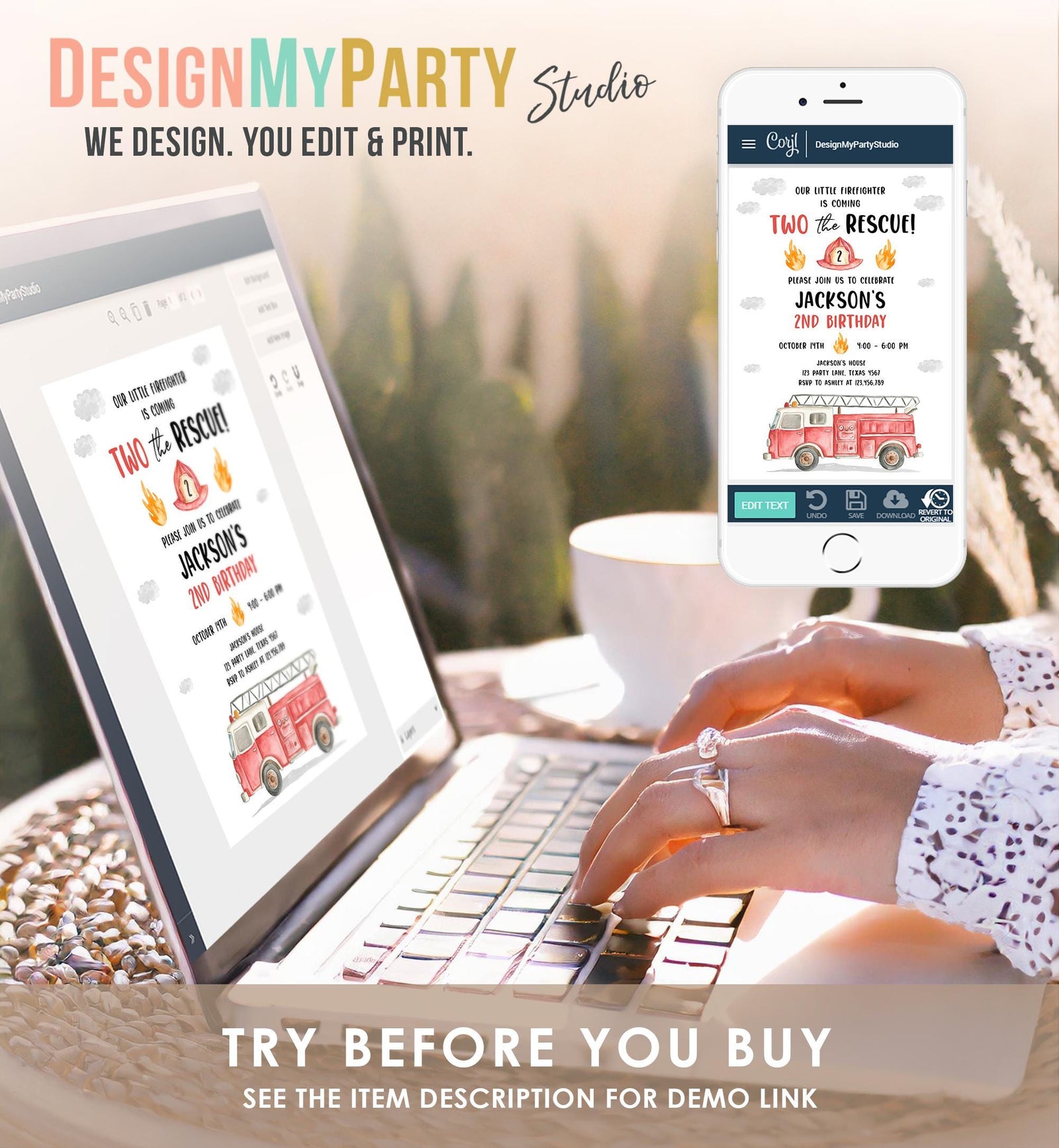 Editable Two the Rescue Birthday Invitation Firetruck Firefighter Boy 2nd Second Birthday Digital Download Evite Template Printable 0564