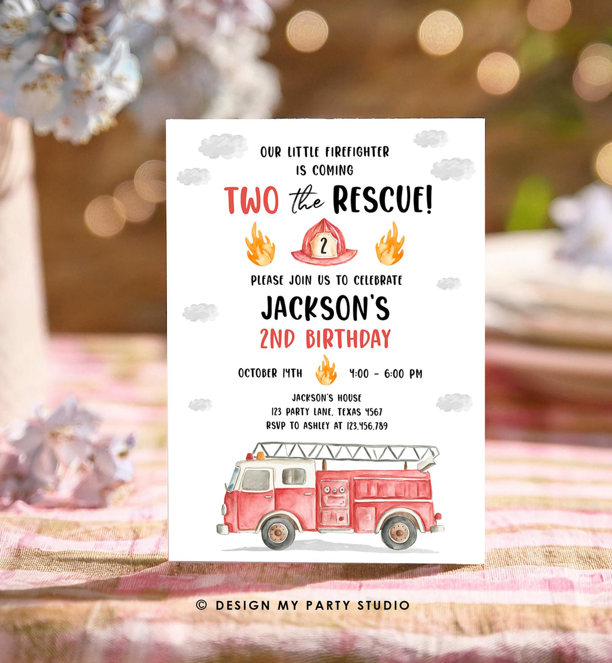 Editable Two the Rescue Birthday Invitation Firetruck Firefighter Boy 2nd Second Birthday Digital Download Evite Template Printable 0564