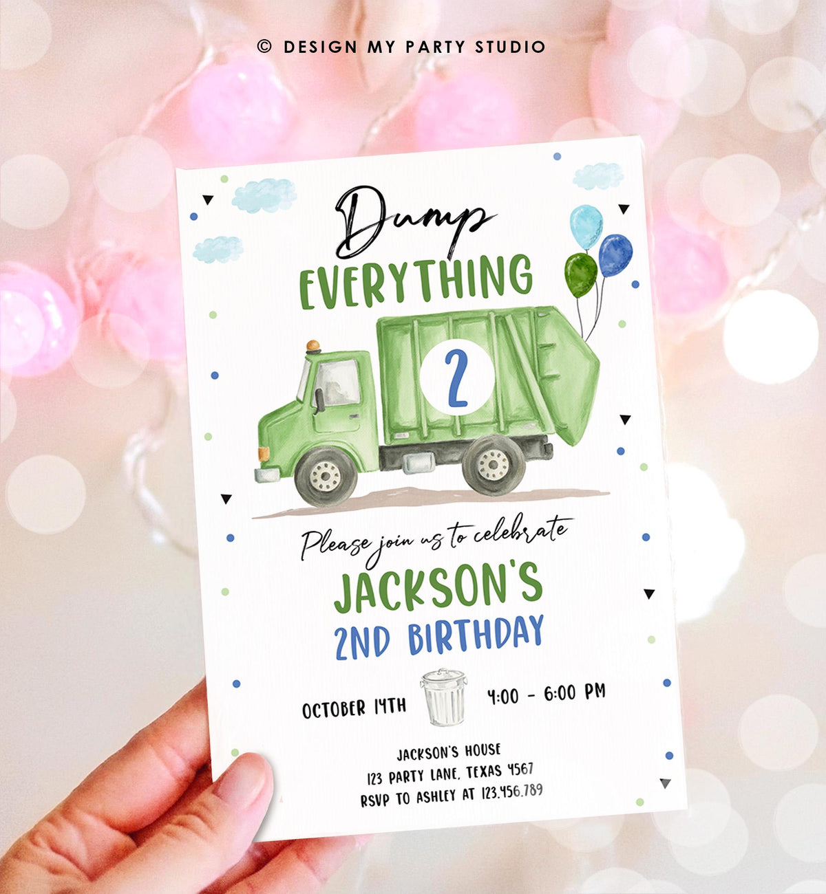 Editable Garbage Truck Birthday Invitation Trash Can Green Truck Boy Birthday Party Digital Evite Template Printable 0565