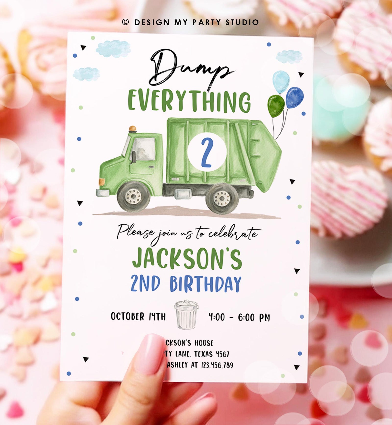 Editable Garbage Truck Birthday Invitation Trash Can Green Truck Boy Birthday Party Digital Evite Template Printable 0565