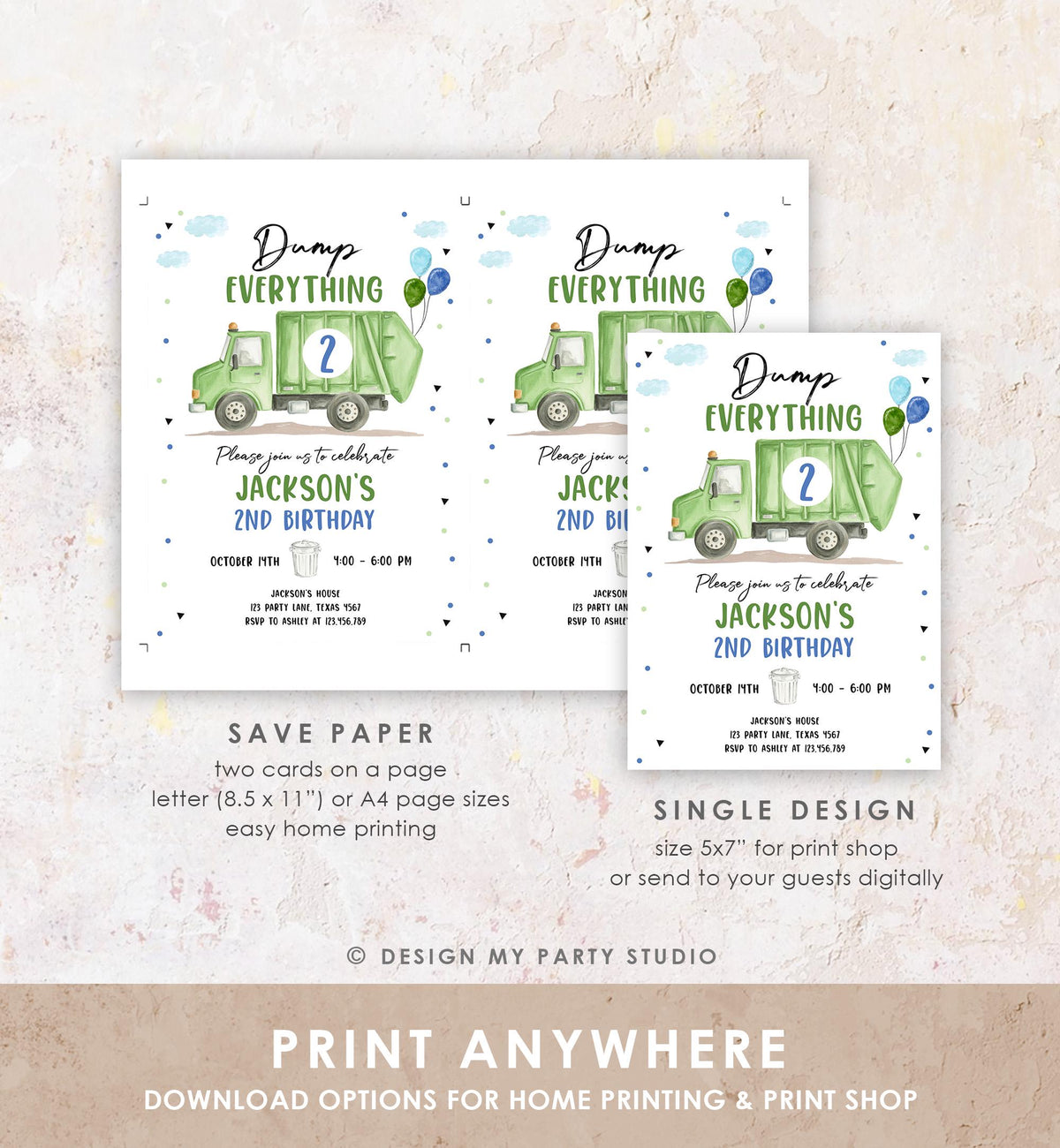 Editable Garbage Truck Birthday Invitation Trash Can Green Truck Boy Birthday Party Digital Evite Template Printable 0565