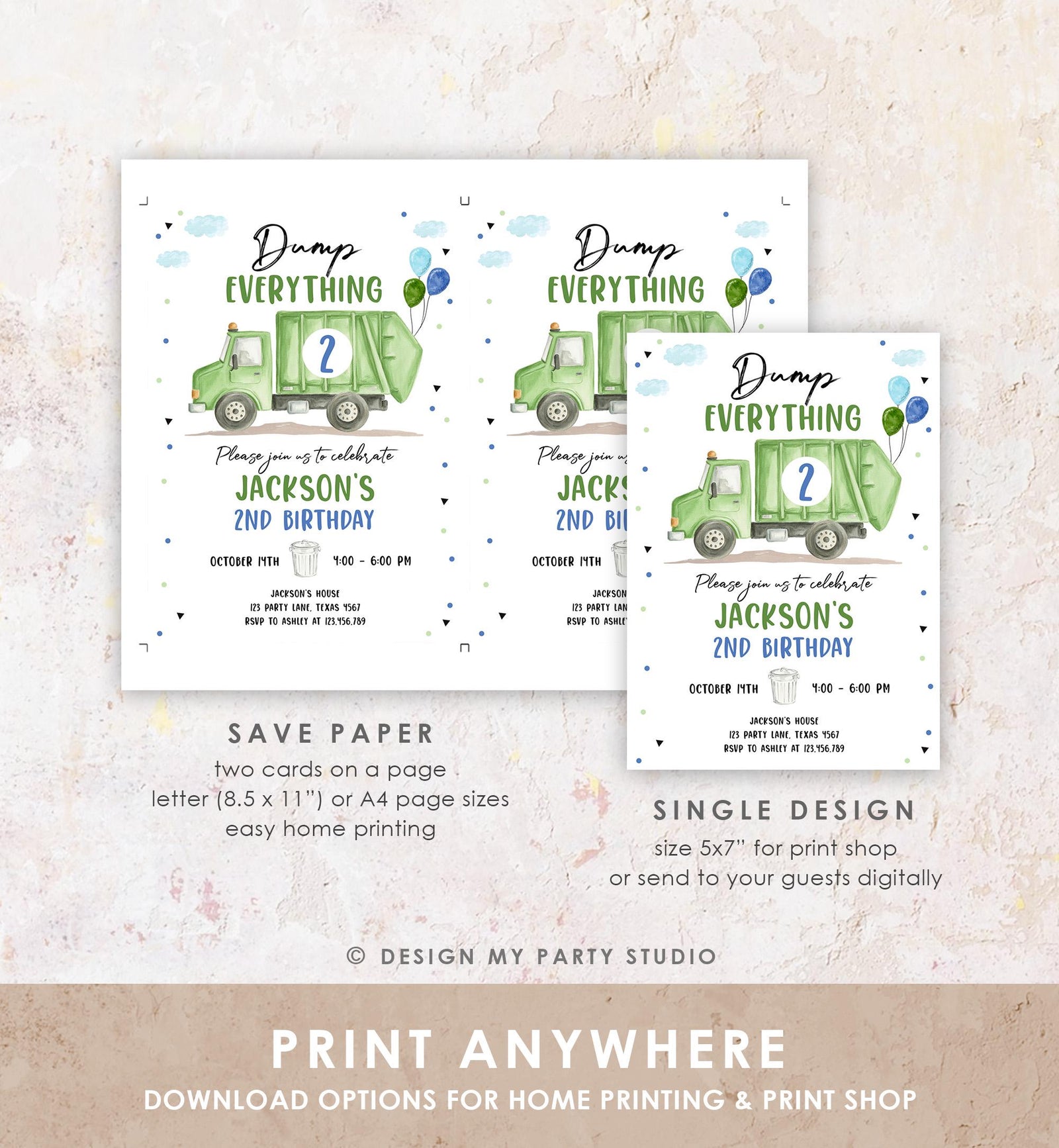 Editable Garbage Truck Birthday Invitation Trash Can Green Truck Boy Birthday Party Digital Evite Template Printable 0565