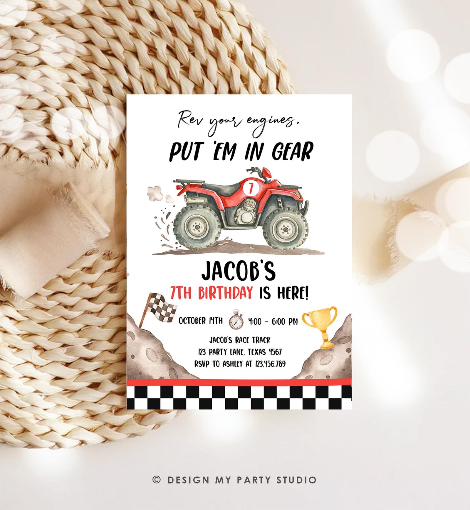 Editable Quad Birthday Invitation ATV Rev Your Engines Race on Over Off-Road Vehicle Red Boy Digital Template Printable 0566