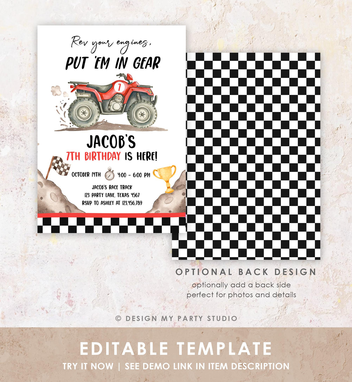 Editable Quad Birthday Invitation ATV Rev Your Engines Race on Over Off-Road Vehicle Red Boy Digital Template Printable 0566