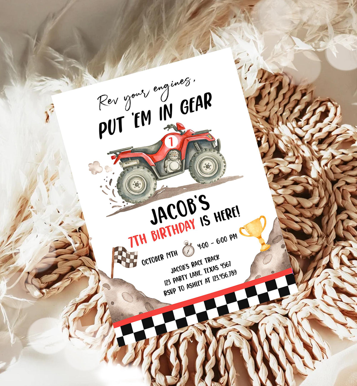 Editable Quad Birthday Invitation ATV Rev Your Engines Race on Over Off-Road Vehicle Red Boy Digital Template Printable 0566