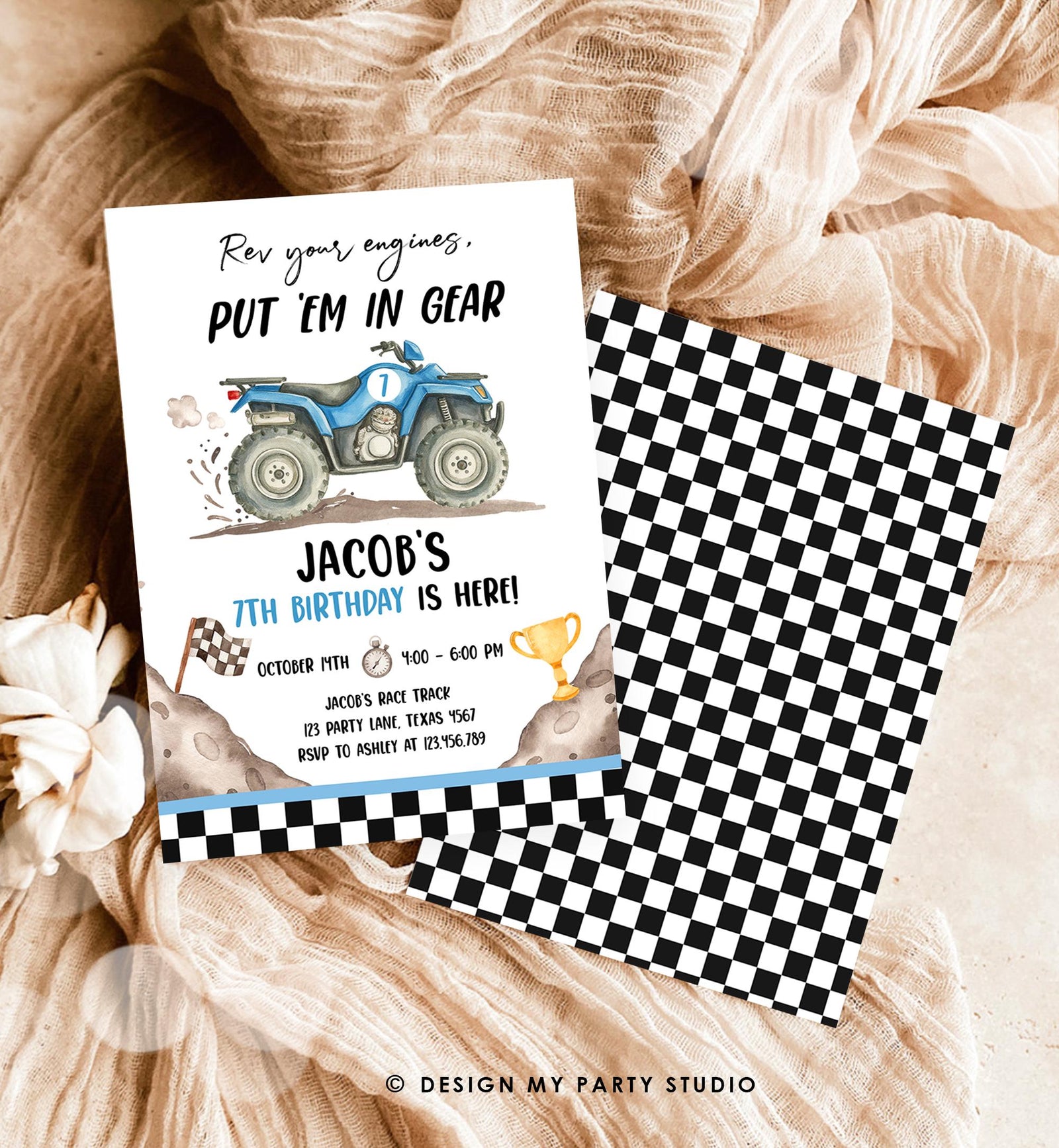 Editable Quad Birthday Invitation ATV Rev Your Engines Race on Over Off-Road Vehicle Blue Boy Digital Template Printable 0566