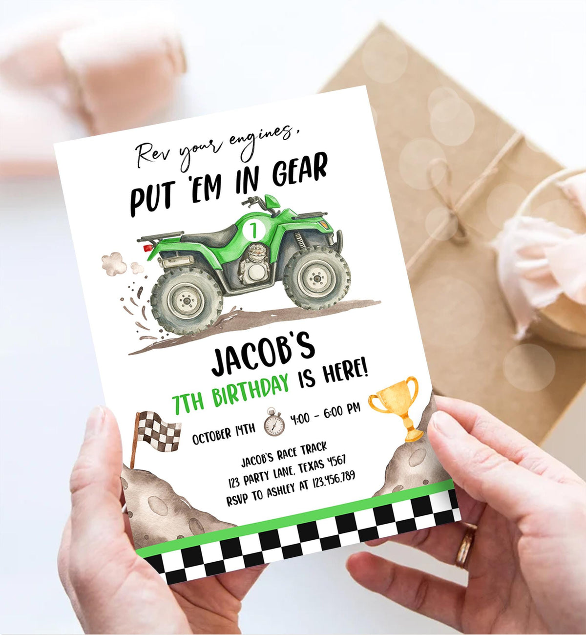 Editable Quad Birthday Invitation ATV Rev Your Engines Race on Over Off-Road Vehicle Green Boy Digital Evite Template Printable 0566