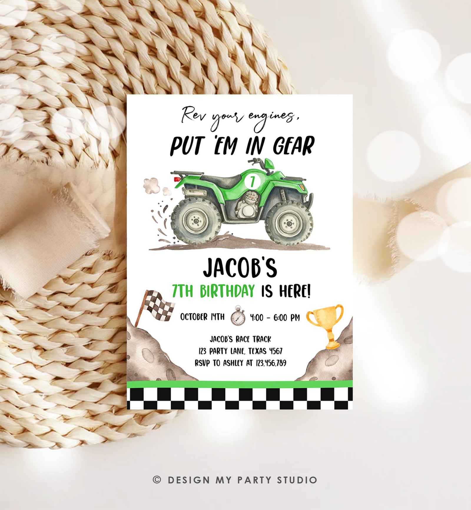 Editable Quad Birthday Invitation ATV Rev Your Engines Race on Over Off-Road Vehicle Green Boy Digital Evite Template Printable 0566