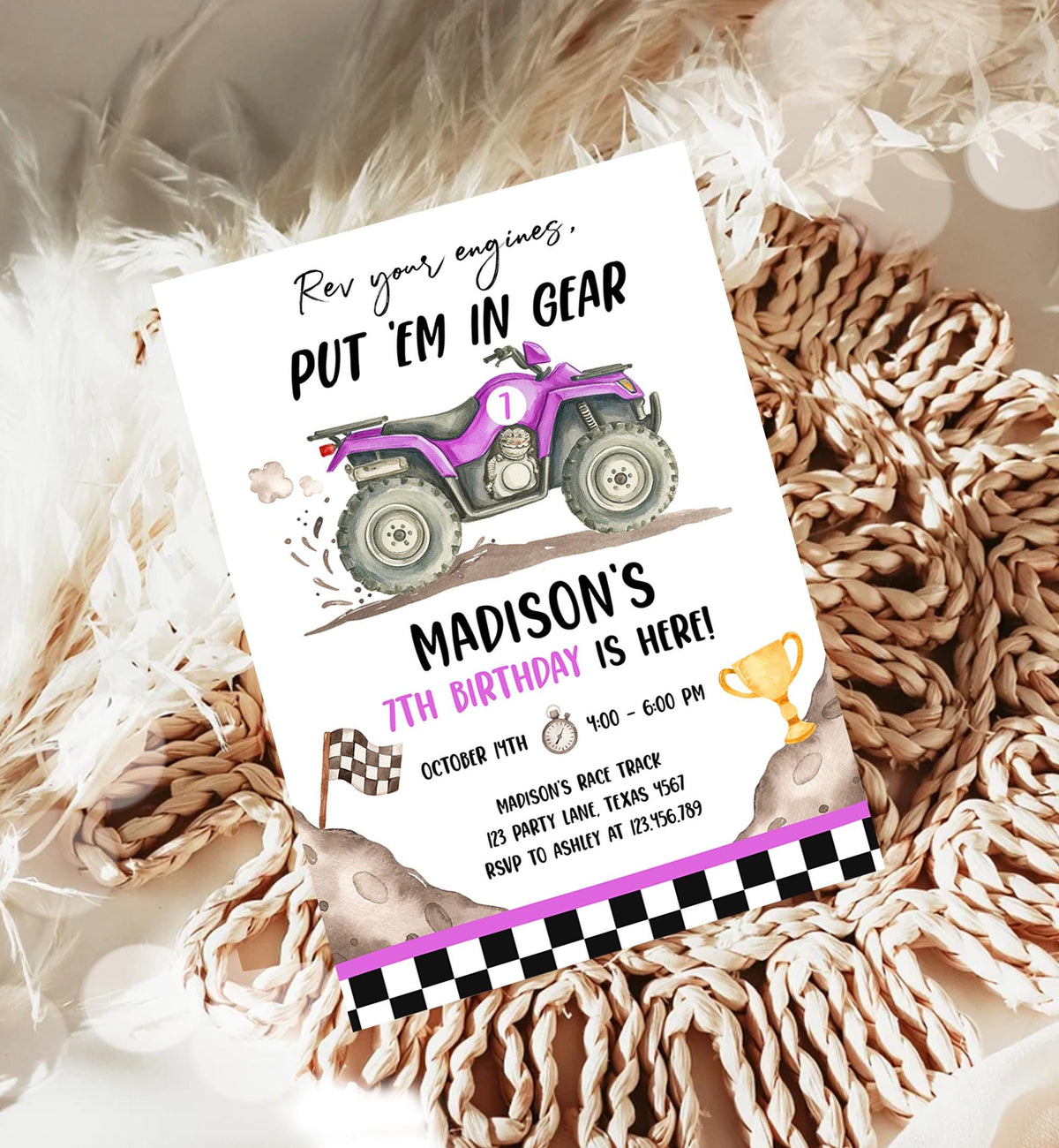 Editable Quad Birthday Invitation ATV Rev Your Engines Race on Over Off-Road Vehicle Purple Girl Digital Evite Template Printable 0566