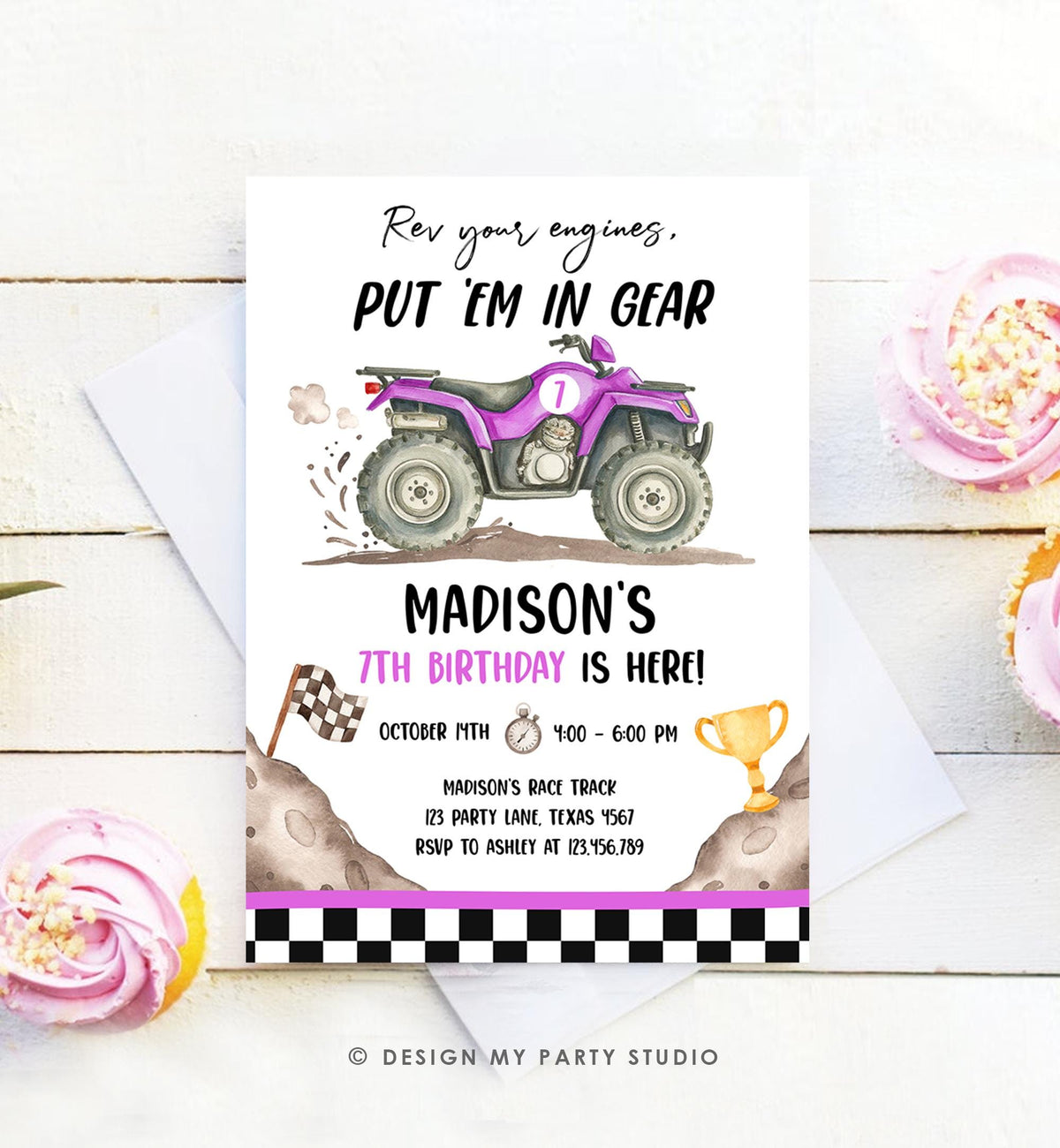 Editable Quad Birthday Invitation ATV Rev Your Engines Race on Over Off-Road Vehicle Purple Girl Digital Evite Template Printable 0566