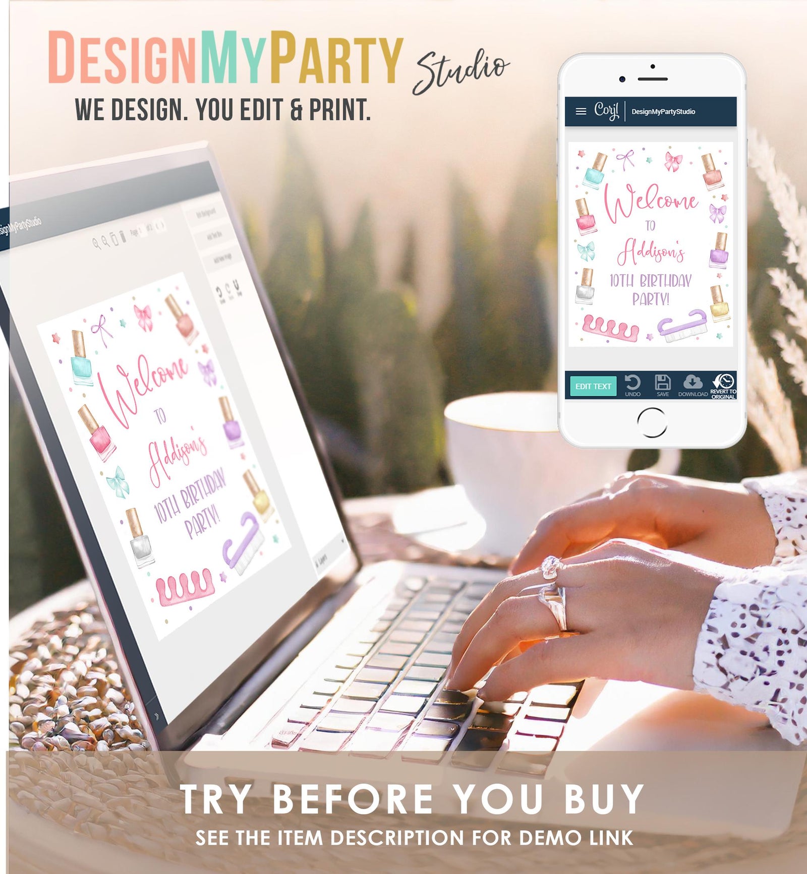 Editable Manicure and Pedicure Welcome Sign Mani-Pedi Party Spa Birthday Girl Nail Salon Polish Pink Digital Template Printable 0562