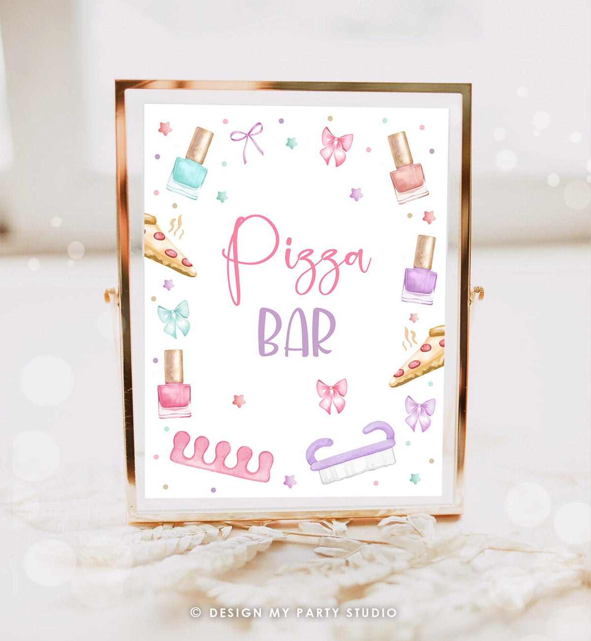 Editable Pizza Bar Party Sign Mani-Pedi Food Station Favors Spa Decor Birthday Nail Polish Salon Pink Table Digital Download Printable 0562