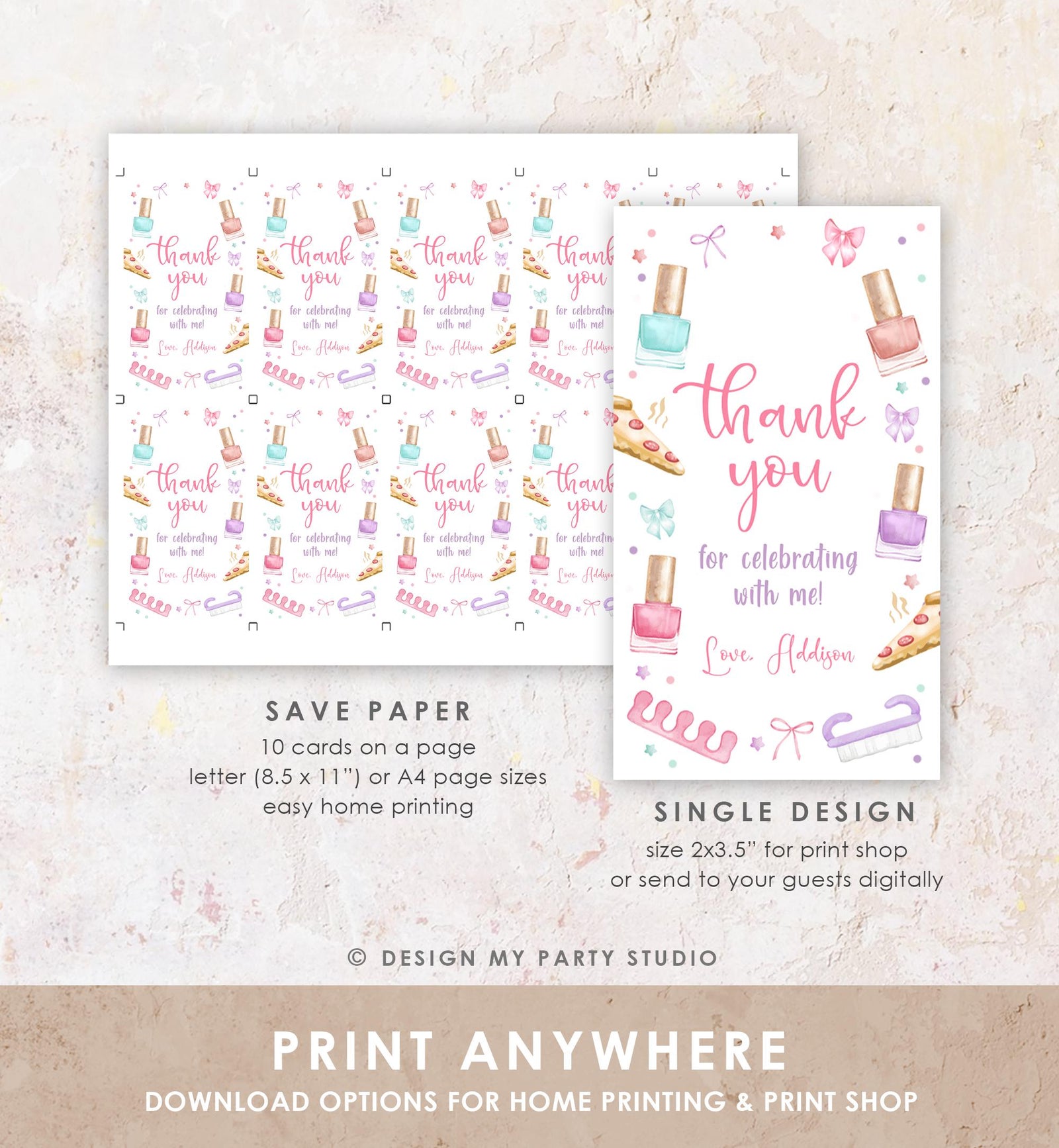 Editable Mani-Pedi Party Favor Tag Nail Polish Salon Pizza Manicure Pedicure Spa Thank You Gift Digital Download Template Printable 0562