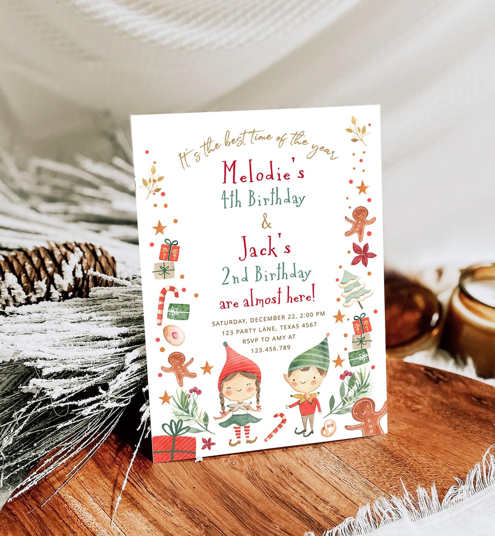 Editable Christmas Birthday Party Invitation Joint Birthday Siblings Winter Best Time of The Year Boy Girl Digital Template Printable 0358
