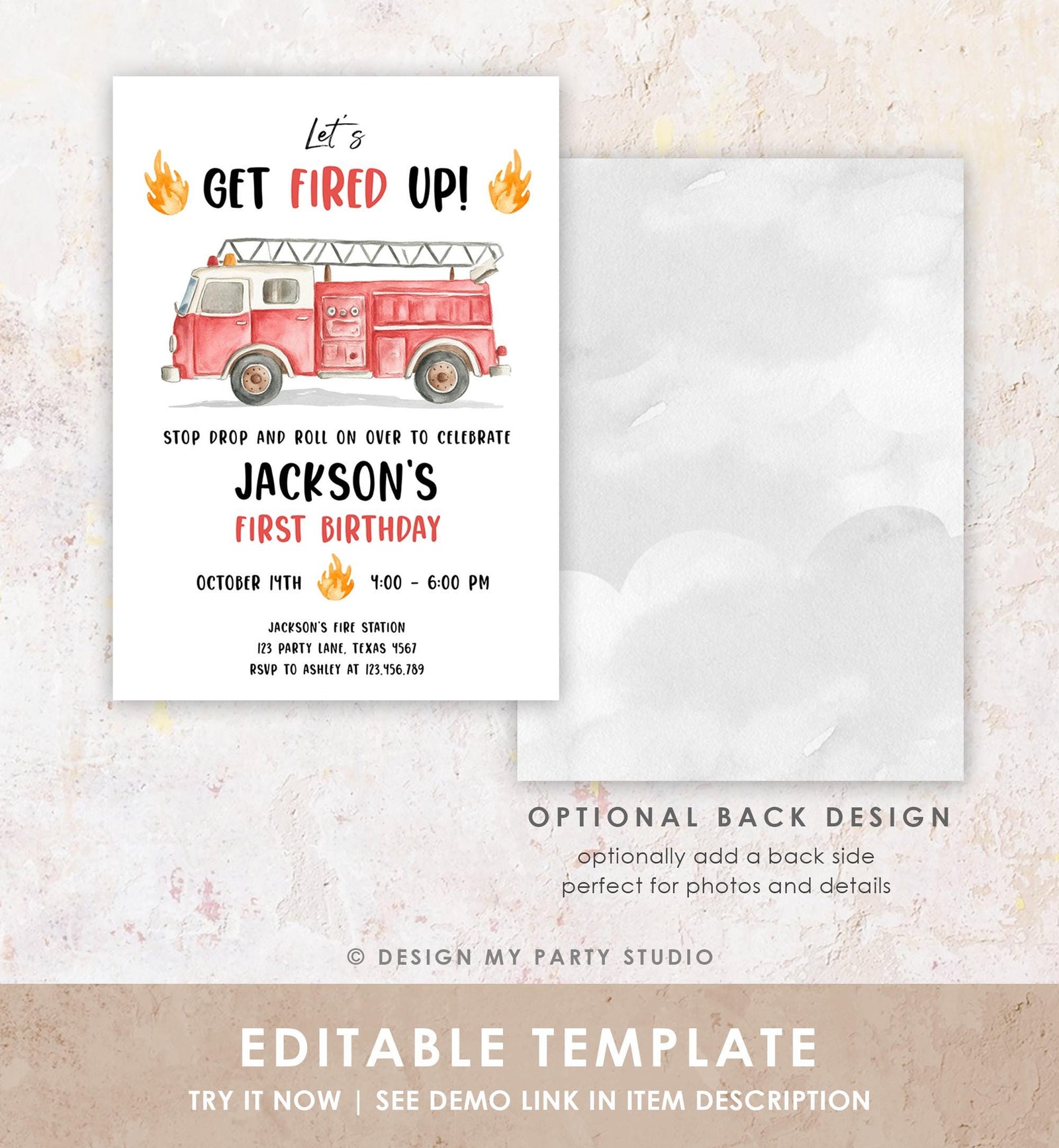 Editable Get Fired Up Birthday Invitation Firefighters Firetruck Fire Truck Boy Birthday Party Digital Evite Template Printable 0564