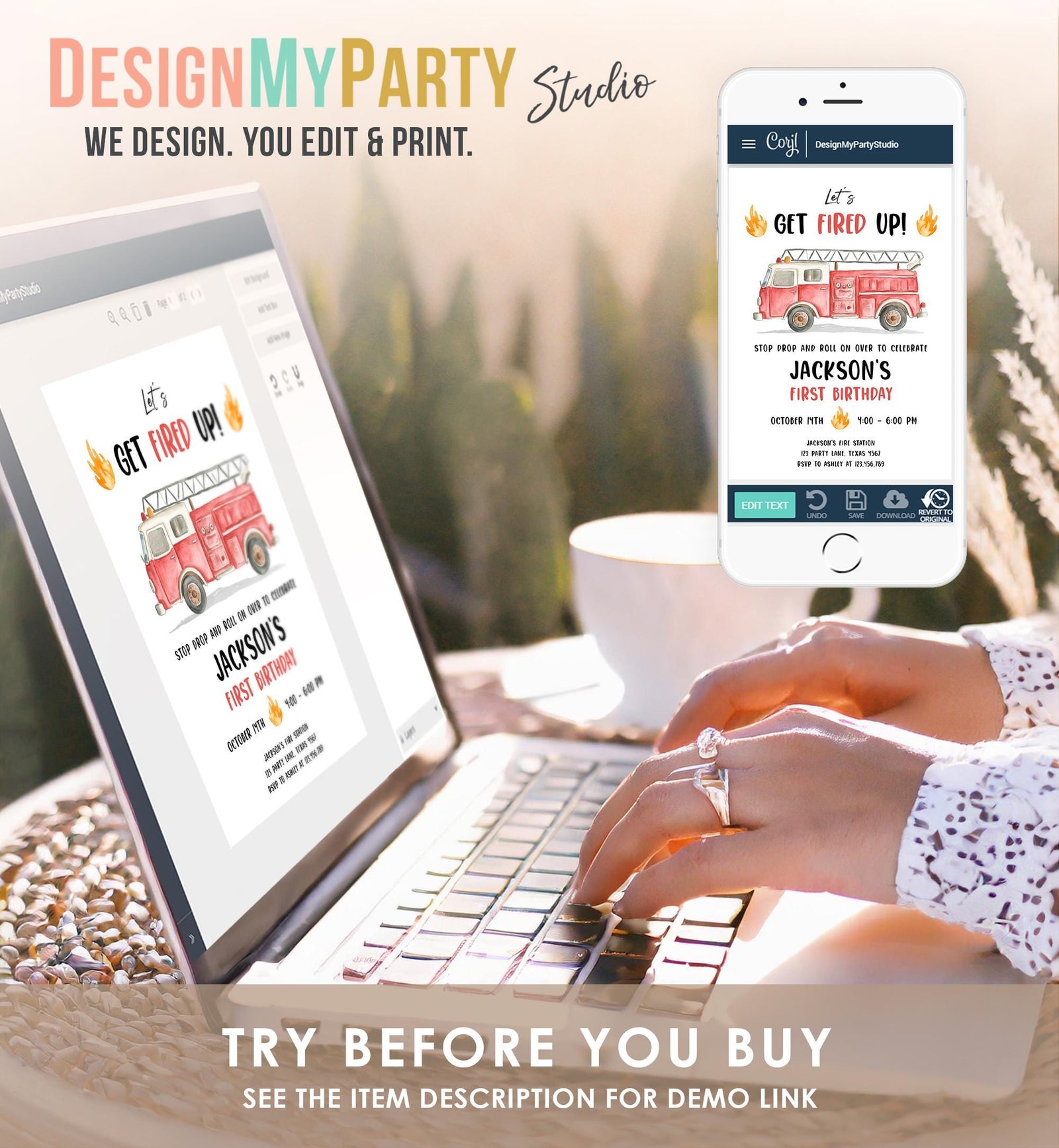Editable Get Fired Up Birthday Invitation Firefighters Firetruck Fire Truck Boy Birthday Party Digital Evite Template Printable 0564