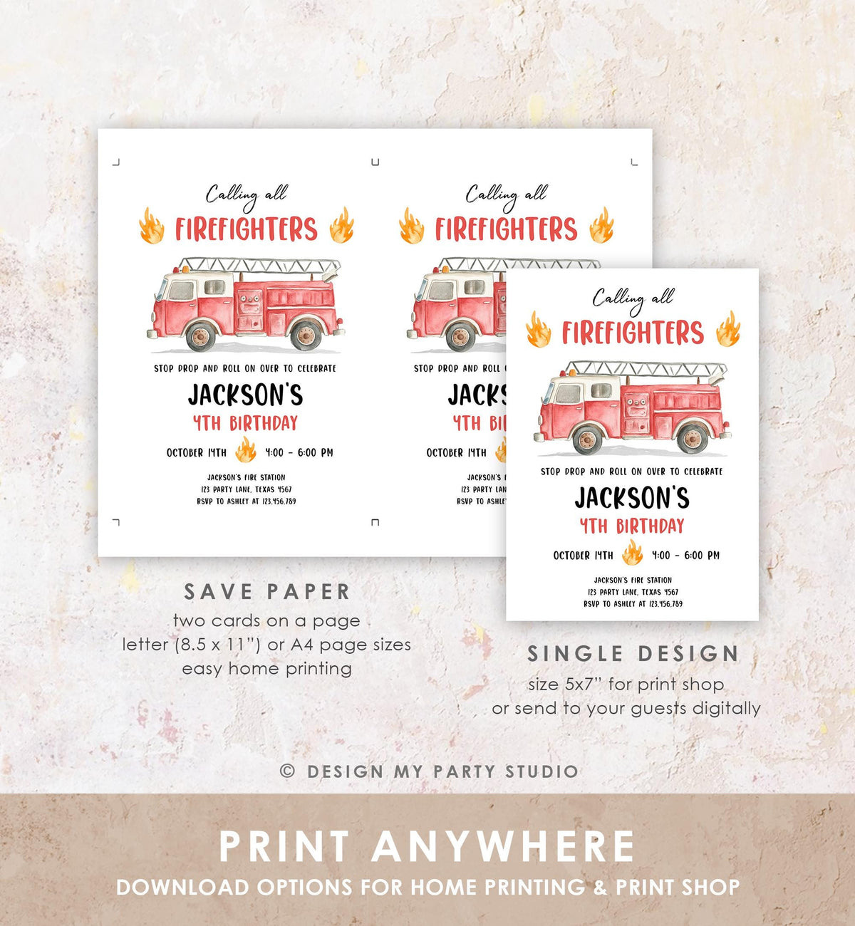 Editable Calling All Firefighters Birthday Invitation Firetruck Fire Truck Boy Birthday Party Digital Download Evite Template Printable 0564