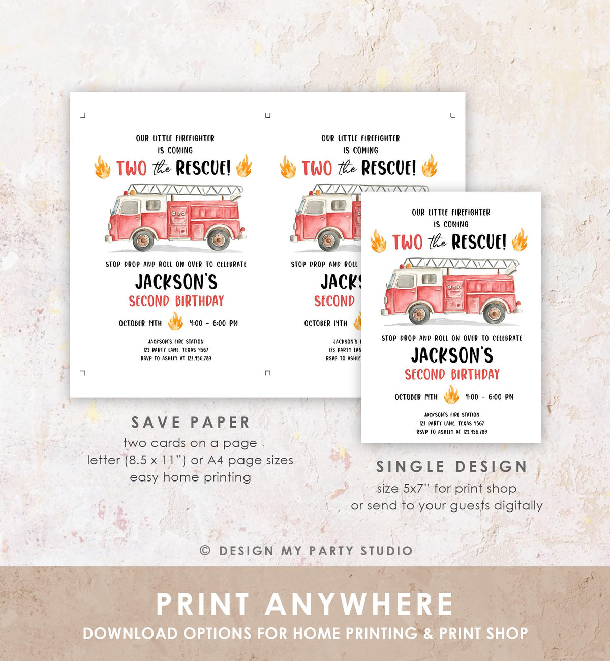 Editable Two the Rescue Birthday Invitation Firetruck Firefighter Boy 2nd Second Birthday Digital Download Evite Template Printable 0564