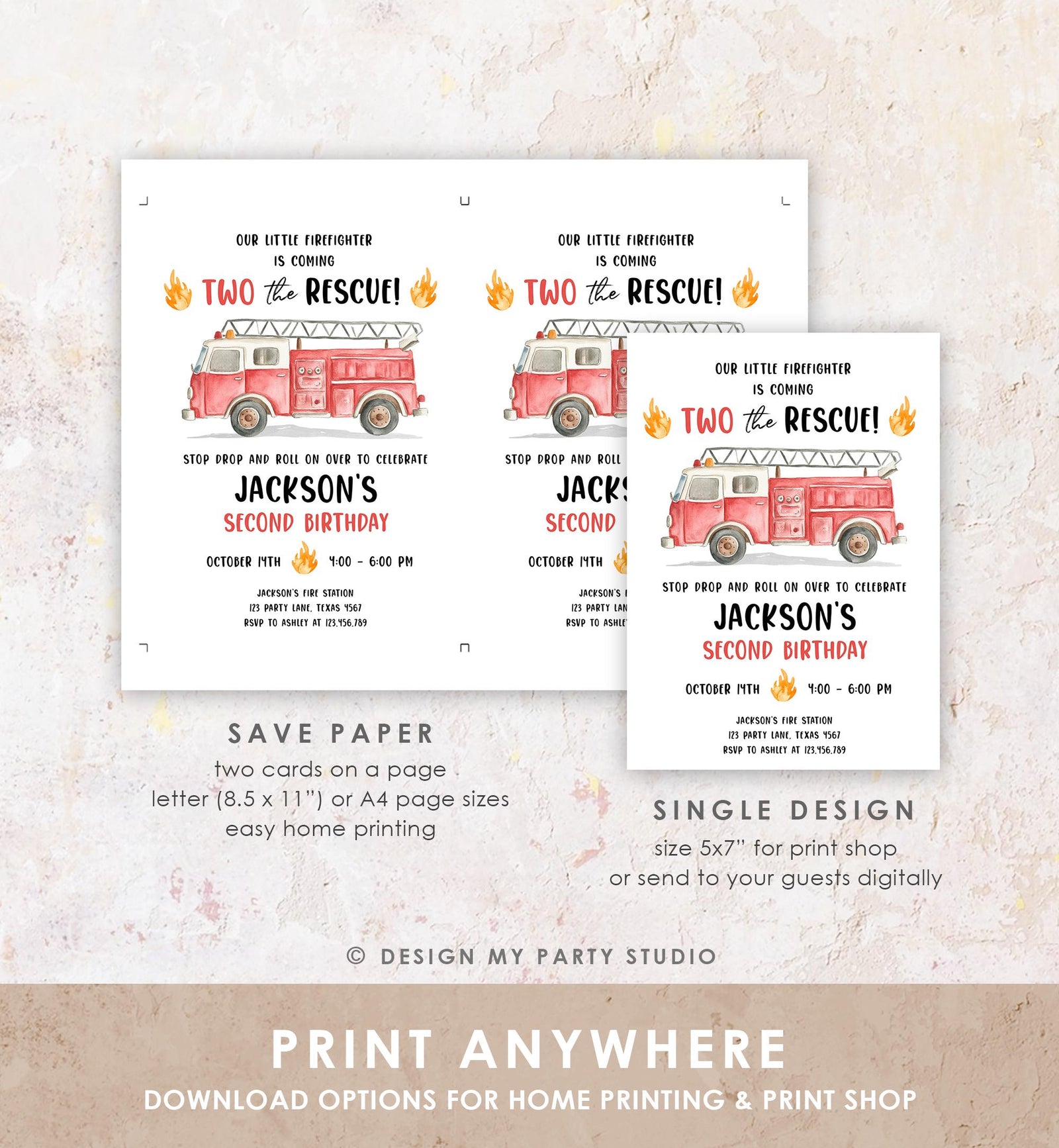 Editable Two the Rescue Birthday Invitation Firetruck Firefighter Boy 2nd Second Birthday Digital Download Evite Template Printable 0564