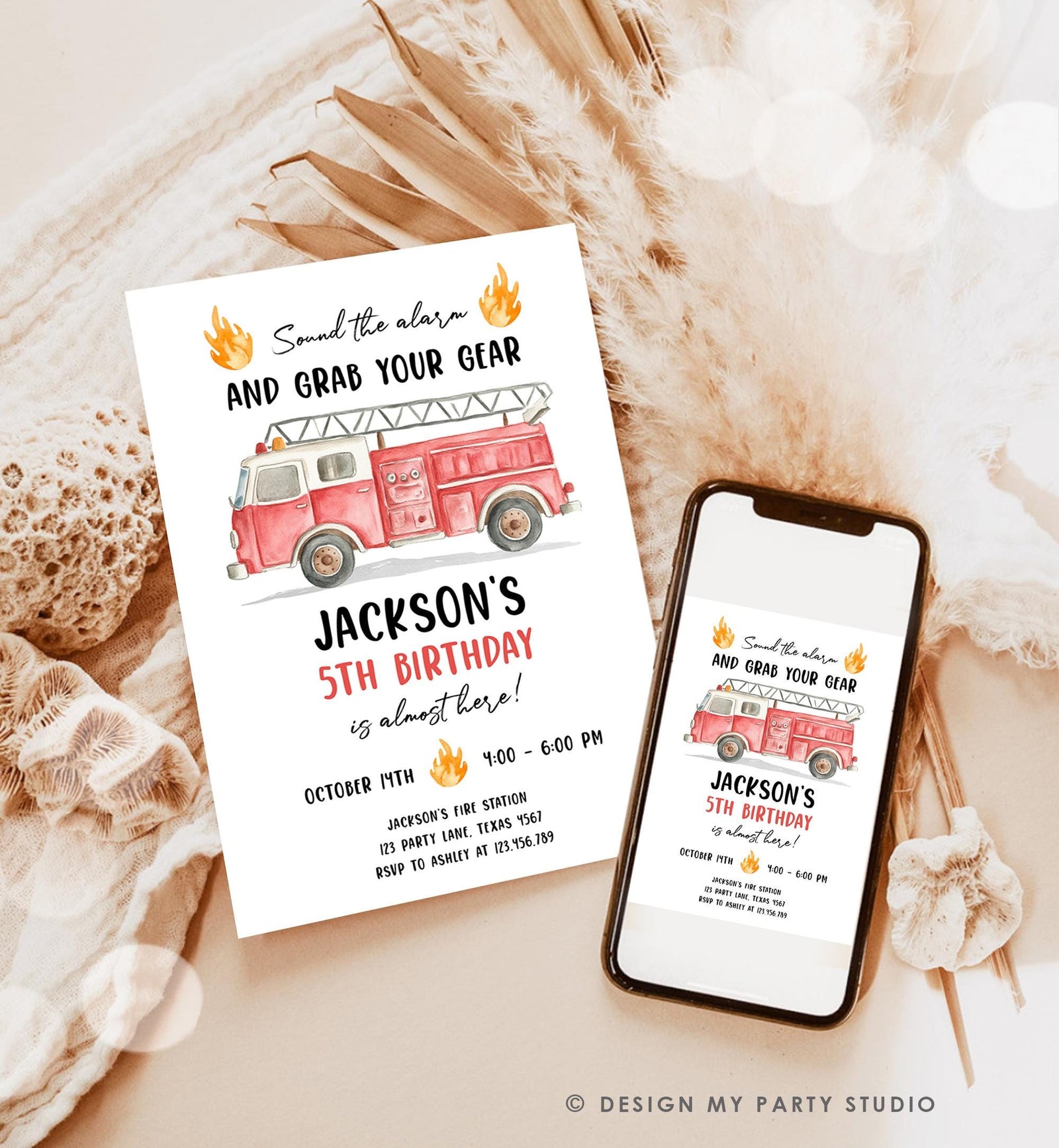 Editable Firetruck Birthday Invitation Boy Fire Truck Firefighter Fire Engine Sound the Alarm Digital Download Evite Template Printable 0564