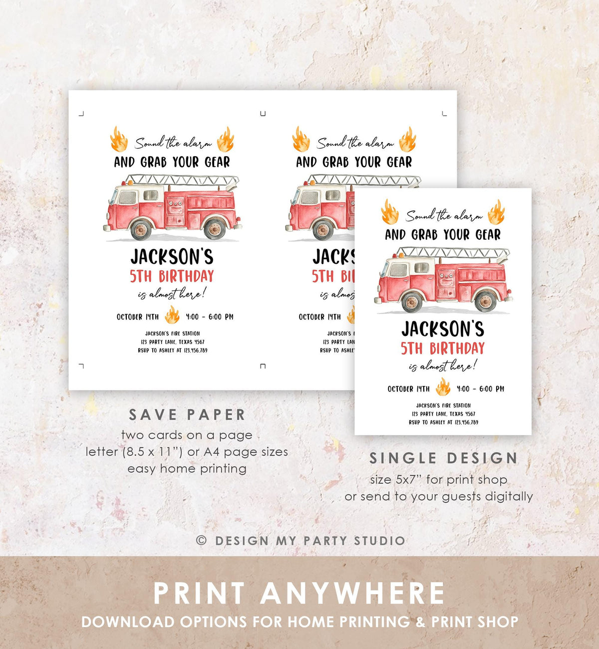 Editable Firetruck Birthday Invitation Boy Fire Truck Firefighter Fire Engine Sound the Alarm Digital Download Evite Template Printable 0564