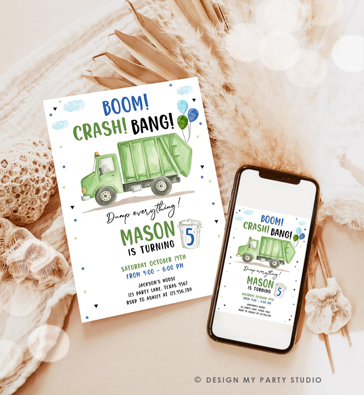 Editable Garbage Truck Birthday Invitation Trash Boom Crash Bang Green Truck Boy Birthday Party Digital Evite Template Printable 0565