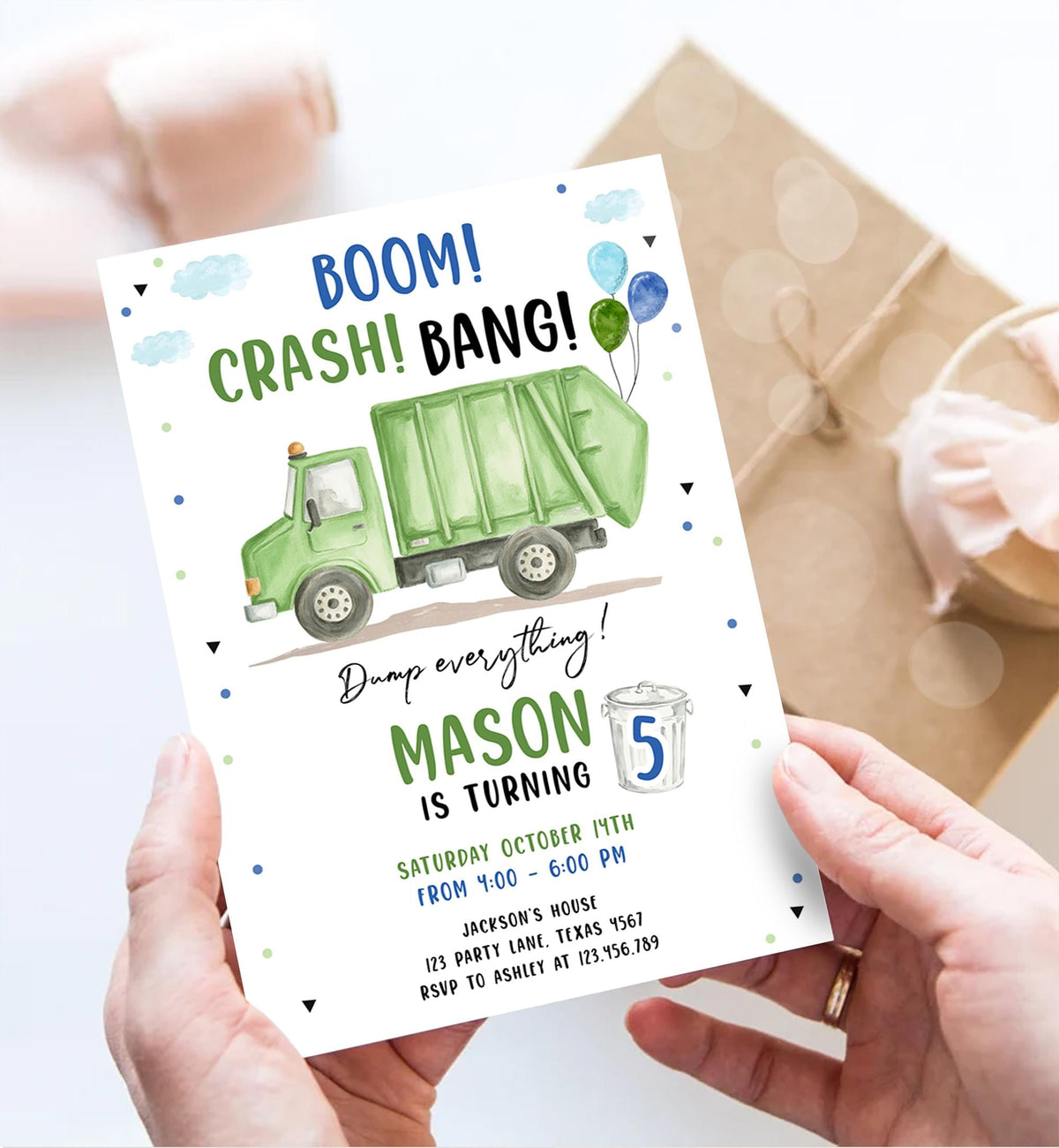 Editable Garbage Truck Birthday Invitation Trash Boom Crash Bang Green Truck Boy Birthday Party Digital Evite Template Printable 0565