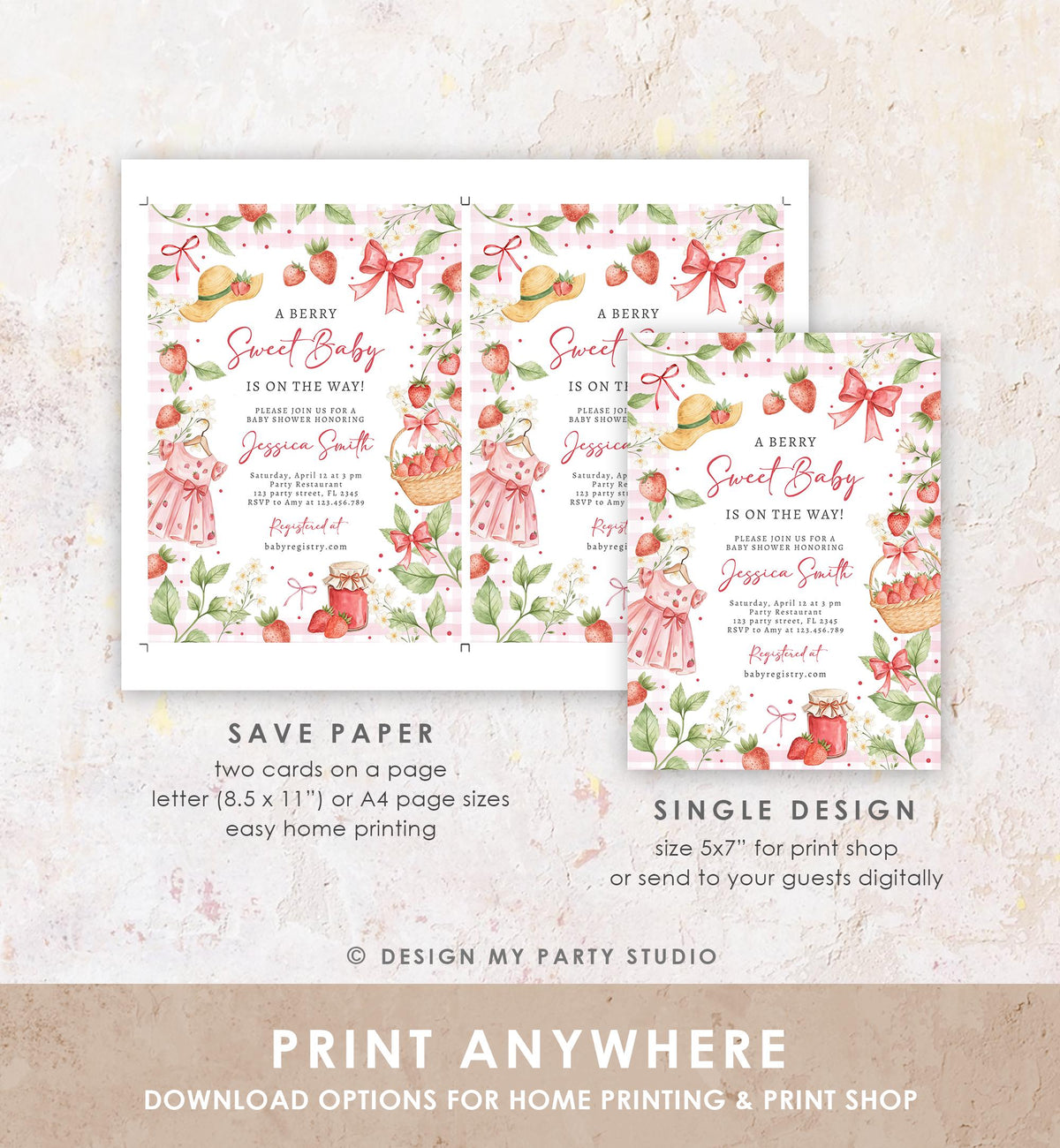 Editable Strawberry Baby Shower Invitation Cute Berry Sweet Baby Girl Strawberries Summer Digital Download Template Printable 0567