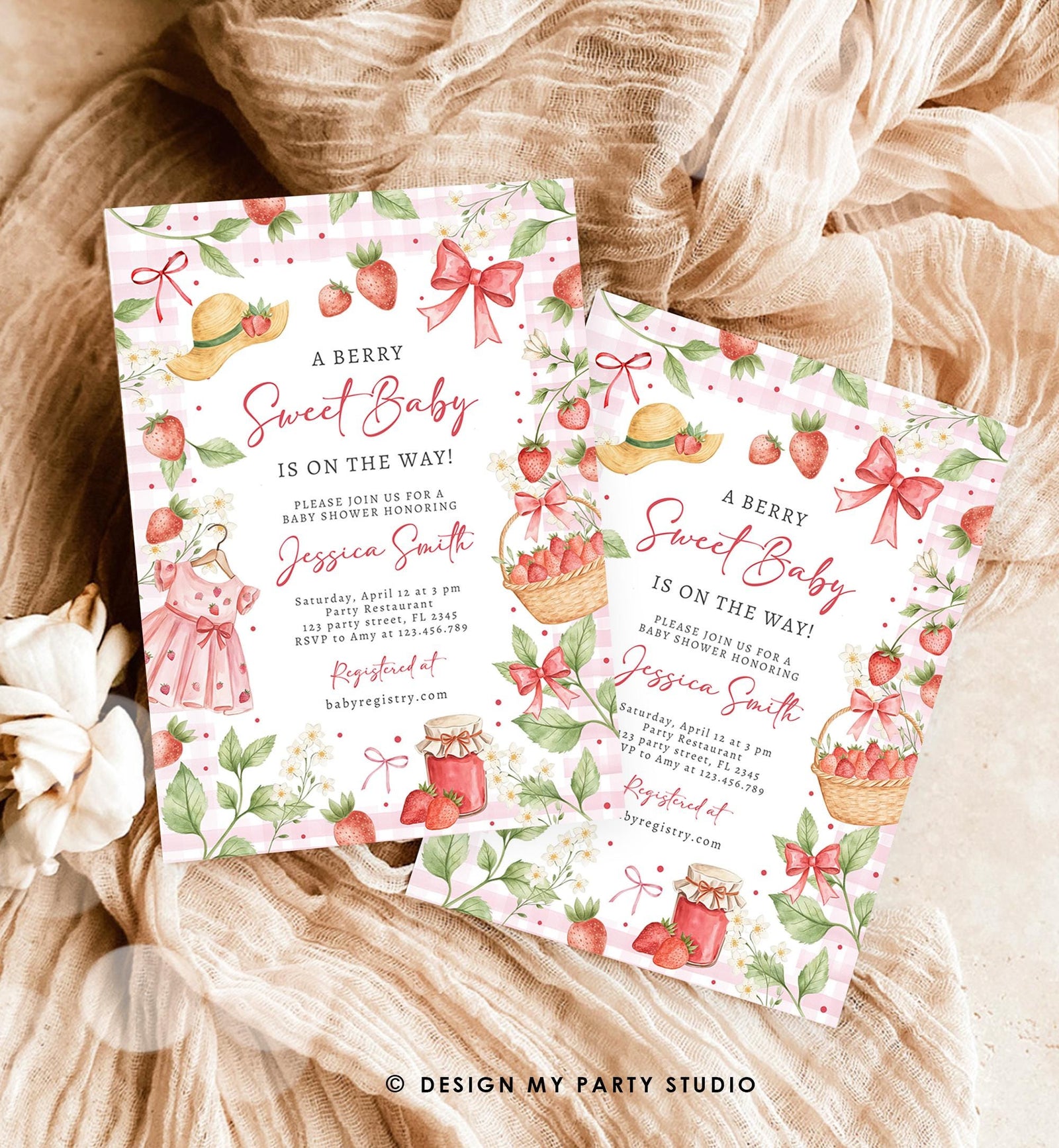 Editable Strawberry Baby Shower Invitation Cute Berry Sweet Baby Girl Strawberries Summer Digital Download Template Printable 0567