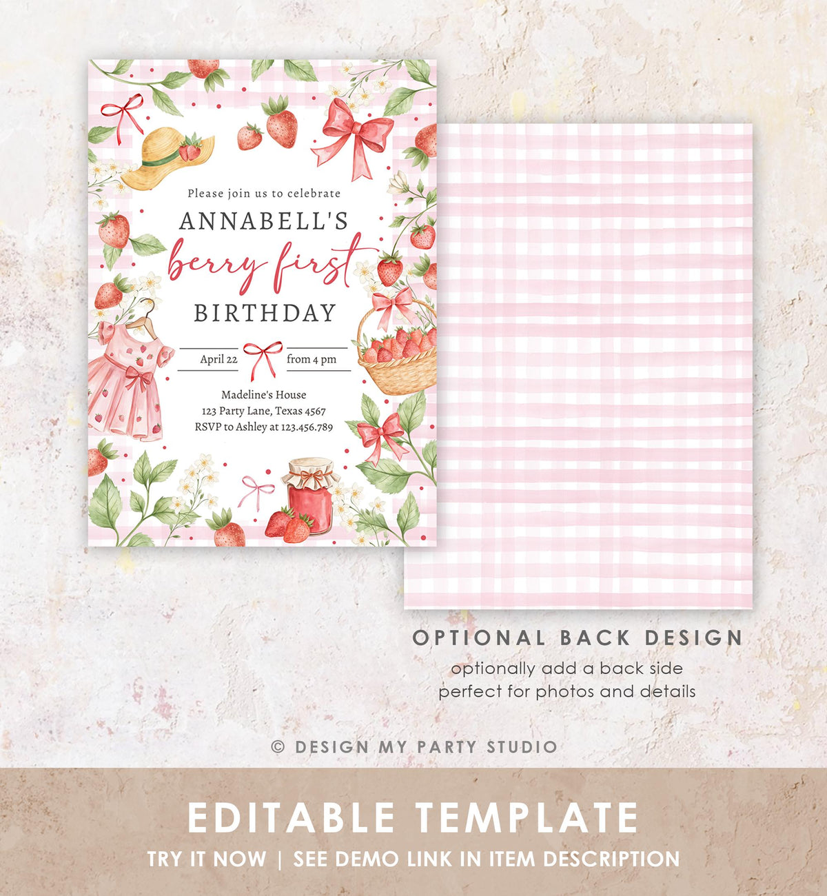 Editable Strawberry Birthday Invitation First Birthday Berry Sweet Girl Cute Strawberries 1st Digital Download Evite Template Printable 0567
