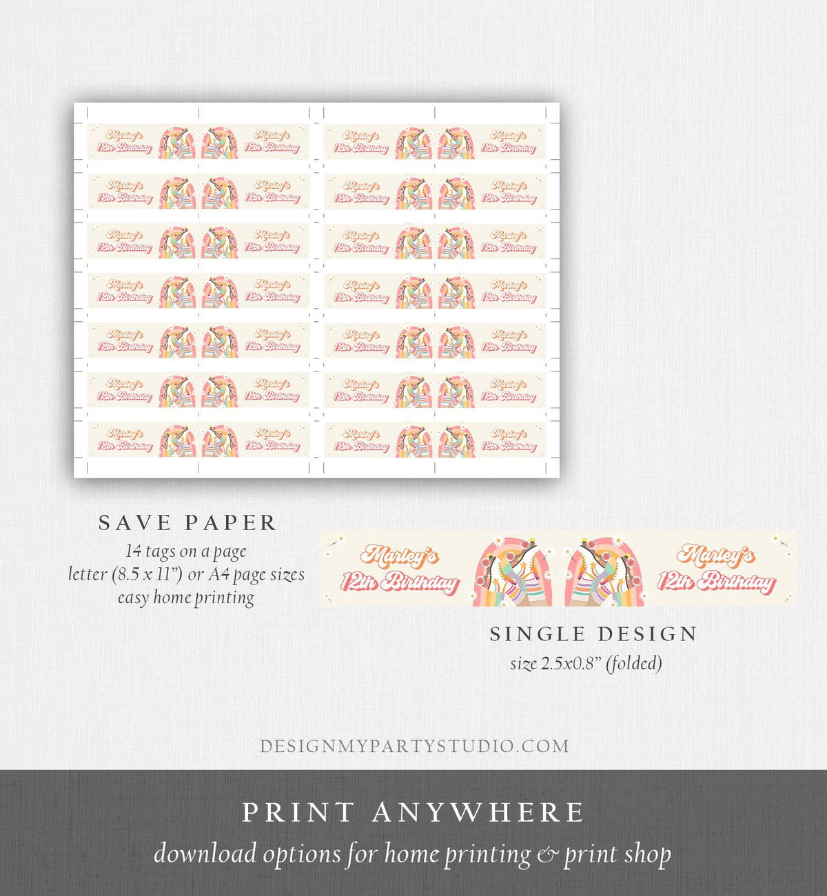 Editable Retro Roller Skate Straw Tag Girl Groovy Birthday Flag Label Flower Power Digital Download Template Printable 0435